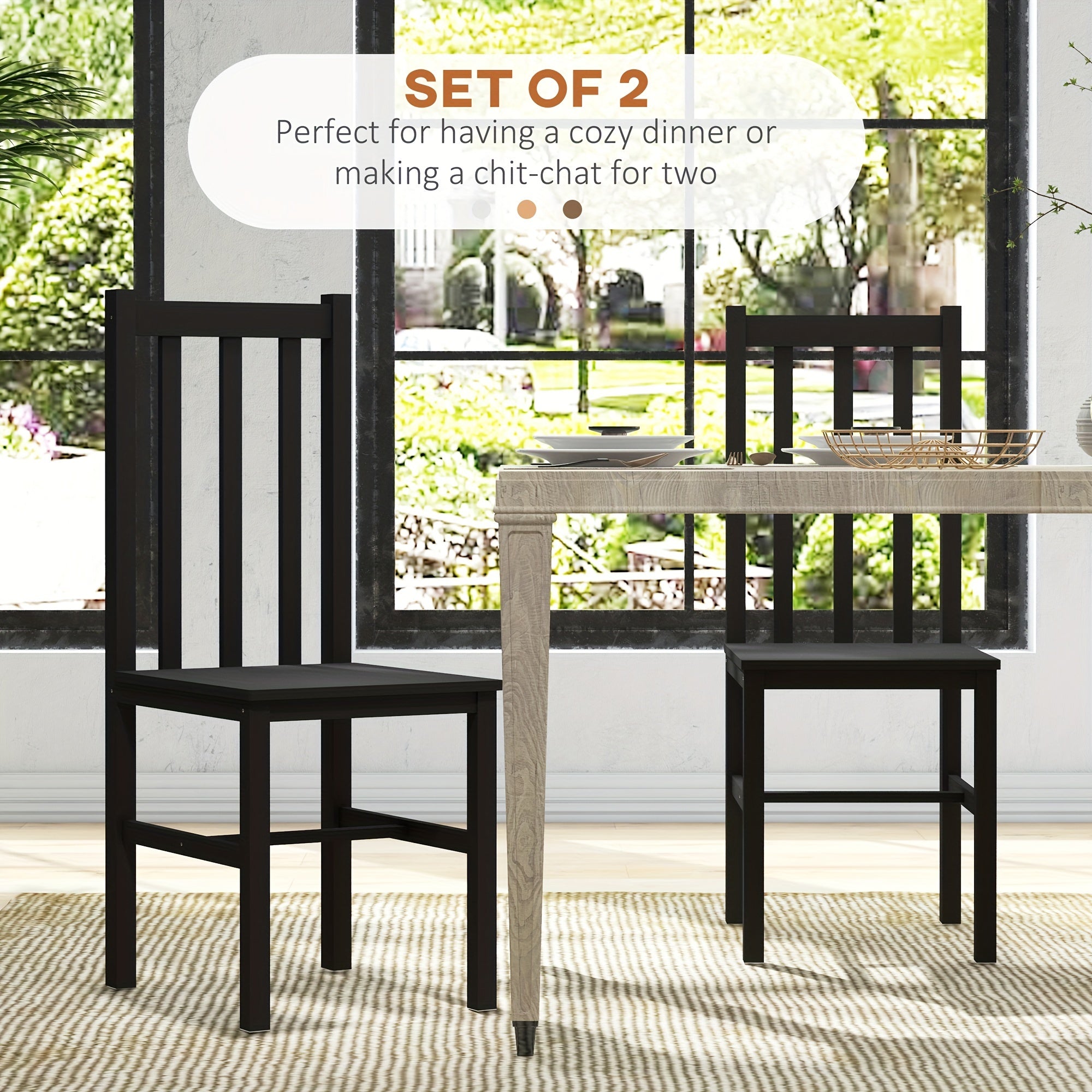 Farmhouse Dining Chairs, Set of 2 - Black Pine Wood Slat Back Seating for Kitchen & Dining Room