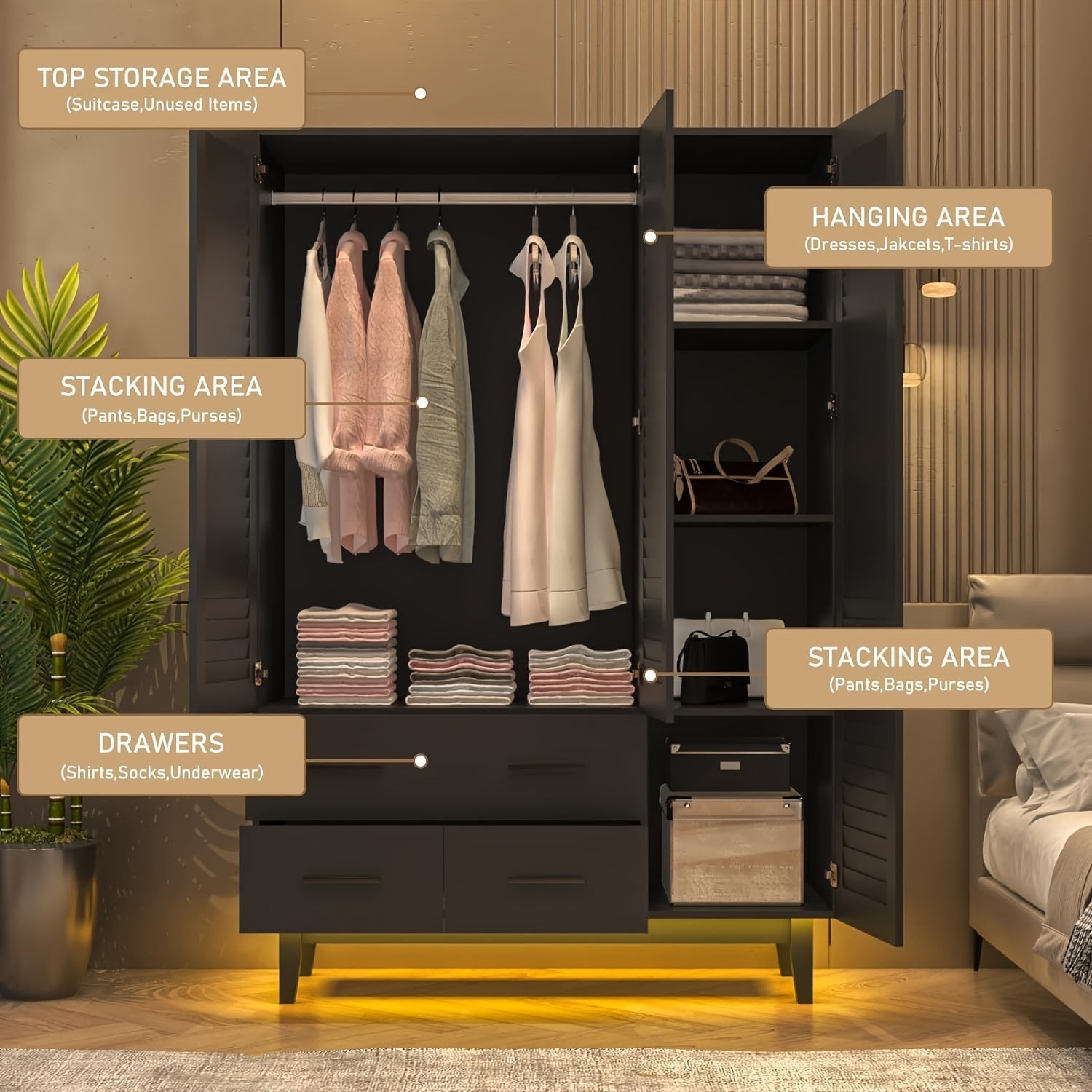 3 Door Armoire Wardrobe Closet Cabinet With Drawers And LED Lights, Multi-Tier Shelves, Hanging Rod & 3 Louver Doors, Large Capacity Storage Wardrobe Armoire For Bedroom, Black, White