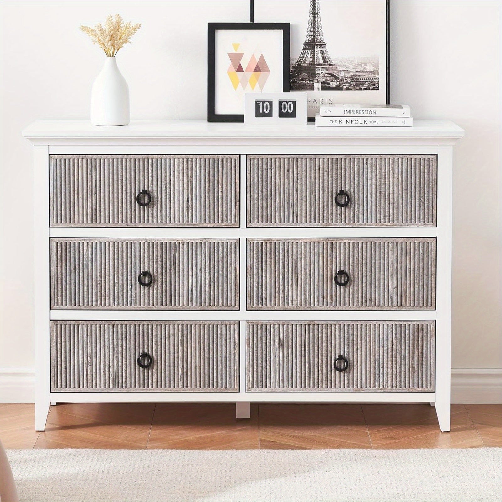 6 Drawer Dresser, 47.2" Wide Modern Chest of Drawers Bedroom and Living Room Cabinet Organizer Storage, Fluted Design Dresser Tv Stand, Closet, White Grey