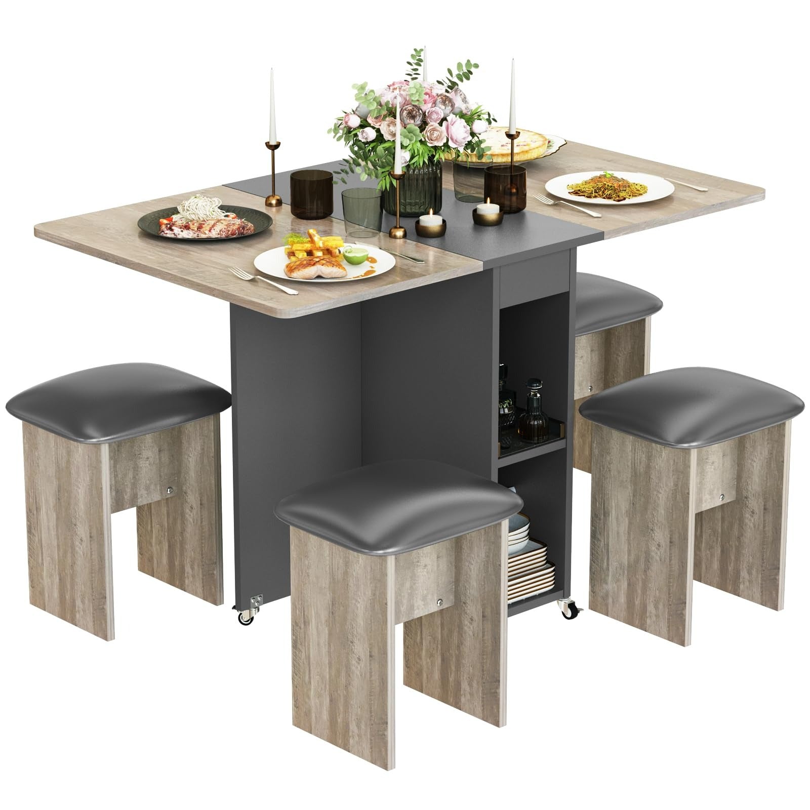 Space-Saving Foldable Dining Table Set for 4 People with 4 Chairs and Practical Shelves, Foldable Design with 6 Wheels, Perfect for Small Space Kitchens Furniture for Home