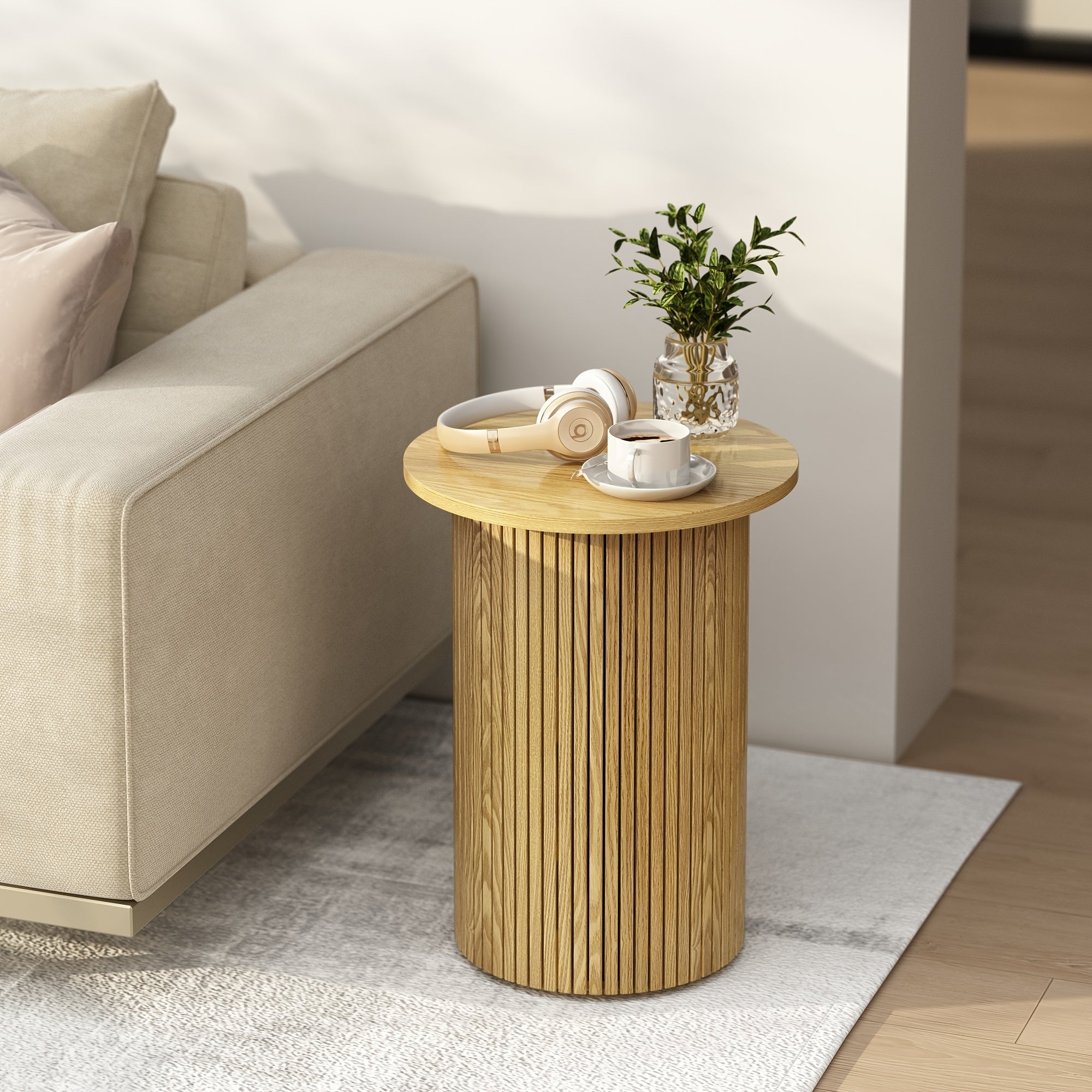 Round Fluted End Table, Small Accent Pedestal Nightstand For Living Room & Bedroom, Modern Wood Bedside Table With Natural Finish