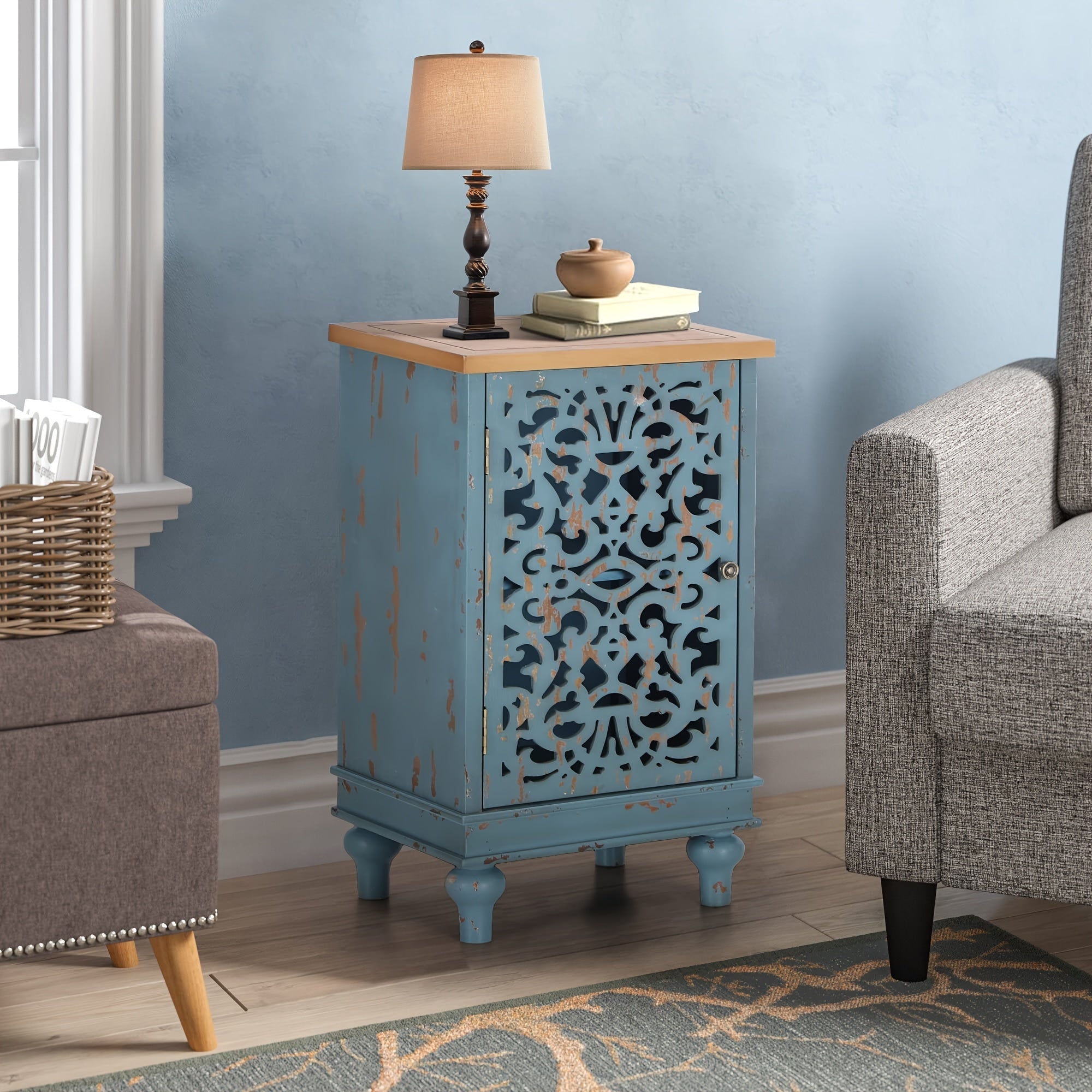 Mix Patio Accent Cabinet Small With Single Door, 31.5" Tall Side End Table, Distressed Nightstand With Wooden Frame And Hollow Carved Door, Blue/White, 1-Door