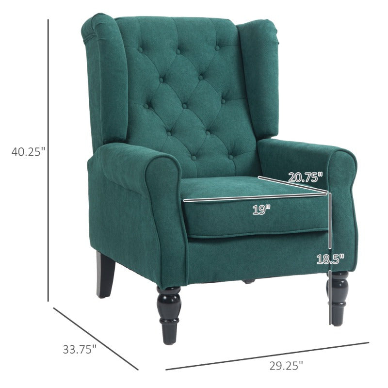 Button-Tufted Accent Chair with High Wingback, Rounded Cushioned Armrests and Thick Padded Seat, Dark Green