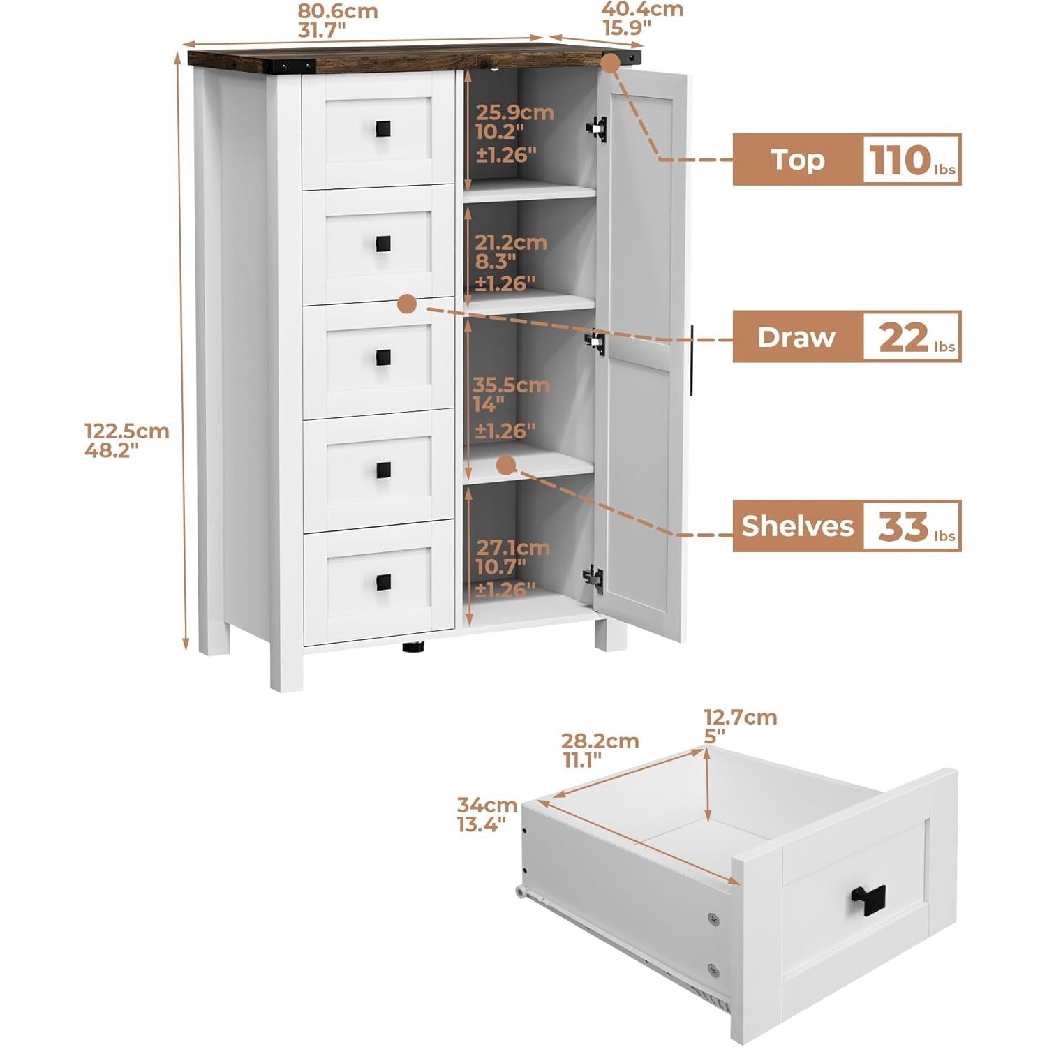 Farmhouse 5-Drawer Dresser with Barn Door, White Storage Cabinet for Bedroom, 48 Inch Tall, Under 3.2 Cubic Feet