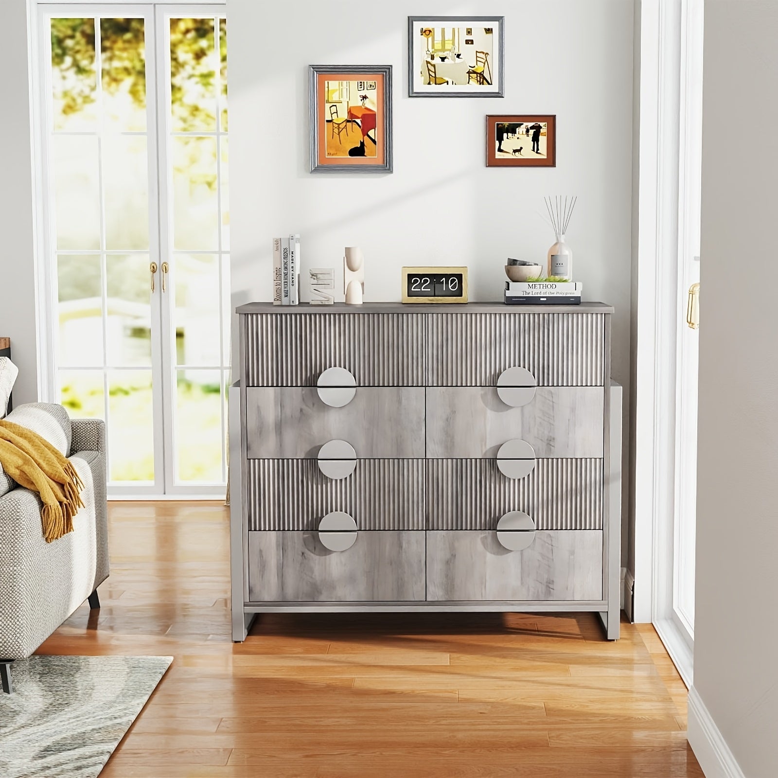 Modern Fluted 8-Drawer Dresser with Metal H Legs and Large Handles, 49.6 Inch Long TV Stand, Grey - Ideal for Bedroom, Living Room, Hallway, Dresser for Bedroom