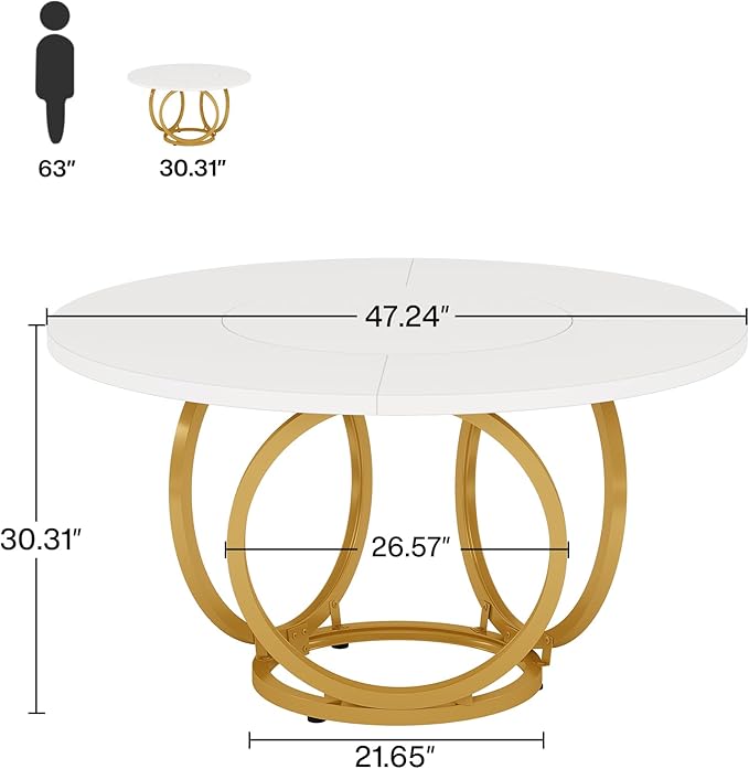 Modern Round Dining Table for 4, 119cm White Kitchen Table with Golden Metal Base, Wood Dinner Table Coffee Table for Kitchen, Dining Room, Café (White and Gold)