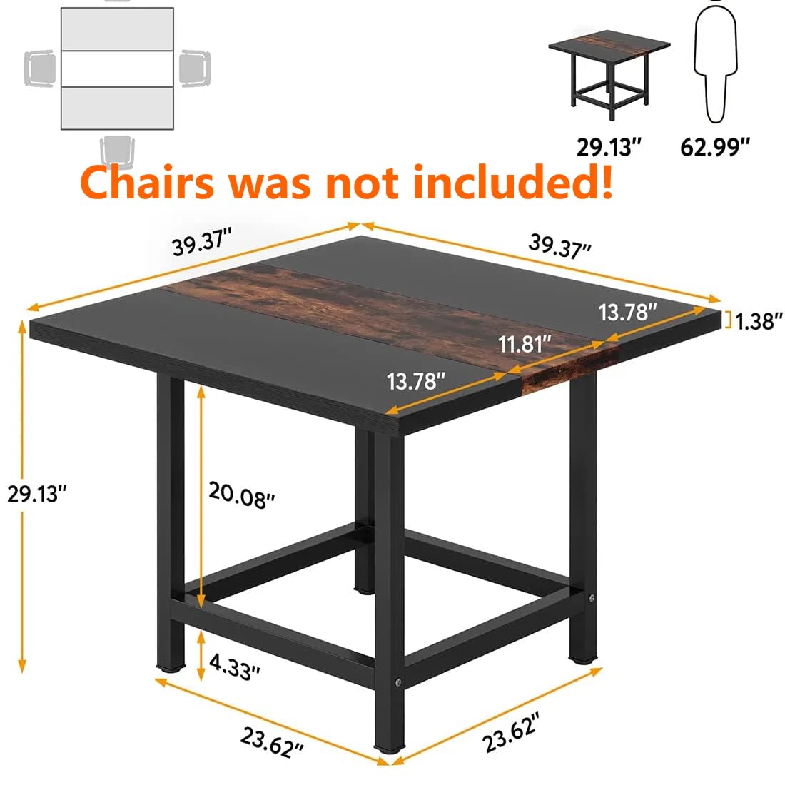 Square Dining Table for 4 People, Farmhouse 101cm Wooden Kitchen Table, Farmhouse 2 Person Dinning Table for Dinning Room &Small Space, Black&Retro (Rusitc&Black)