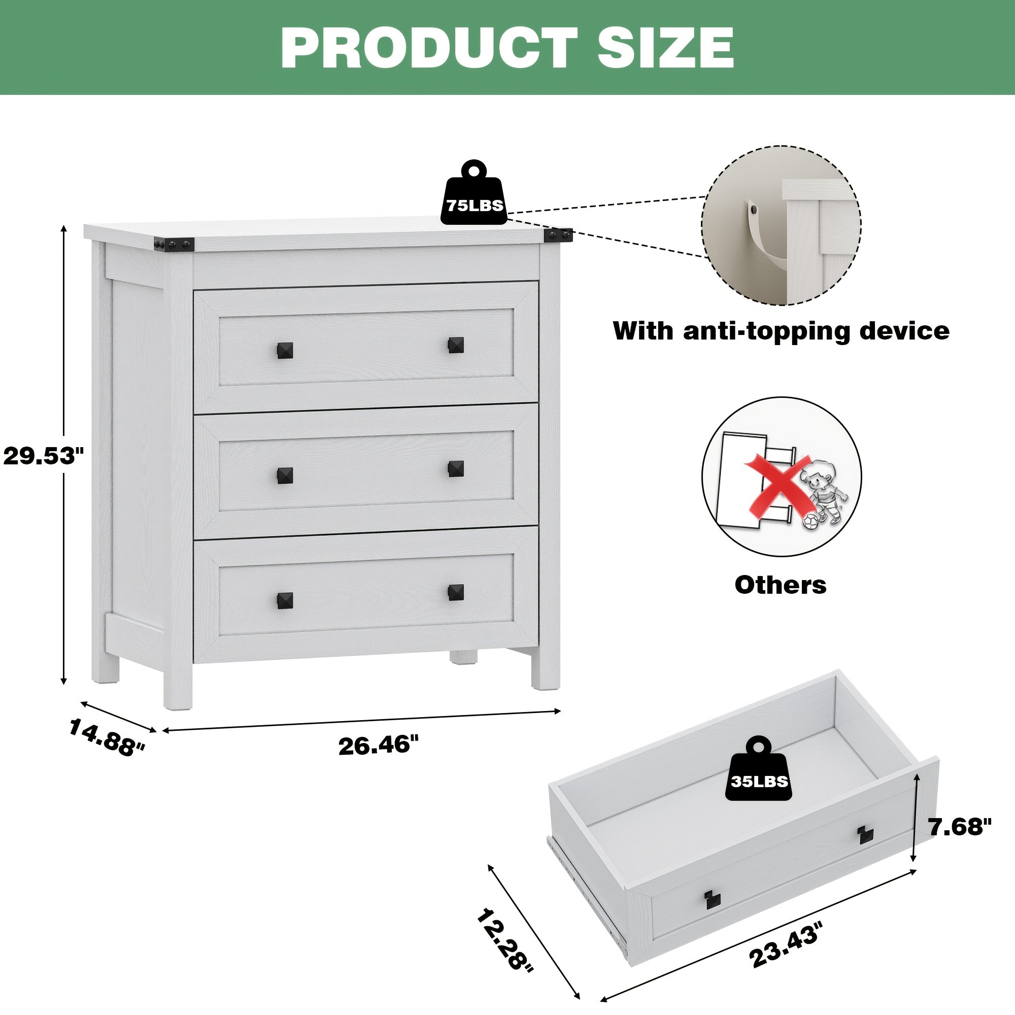 Dresser for Bedroom with 3 Drawers Small Chests of Drawers Farmhouse Wood Tall Nightstand Bedside End Table Modern