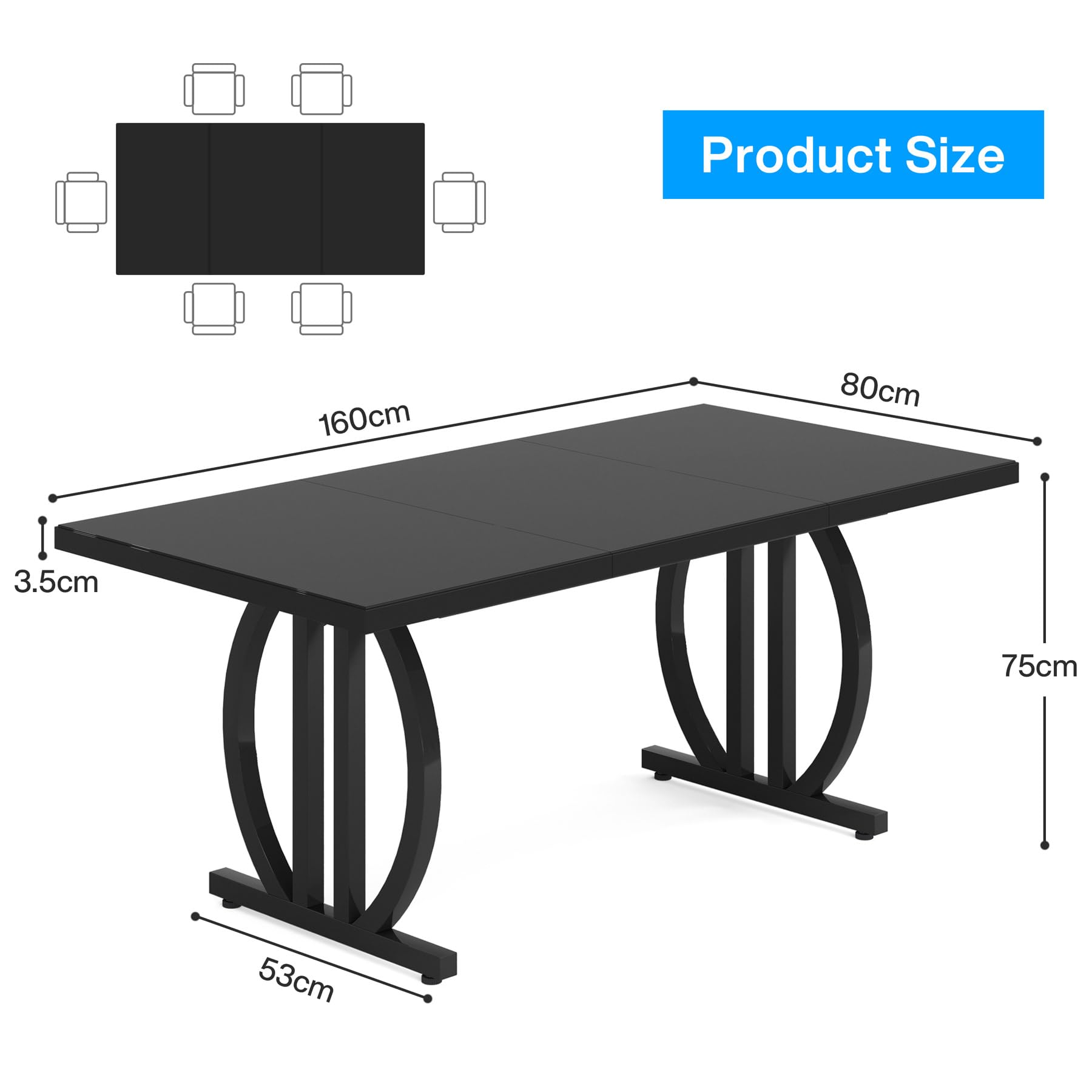 160cm Dining Table for 6, Rectangular Wood Kitchen Table with Heavy-Duty Metal Legs, Modern Black Dinner Table for Home, Dining Room, Small Spaces (63" D x 31.5" W x 29.53" H)