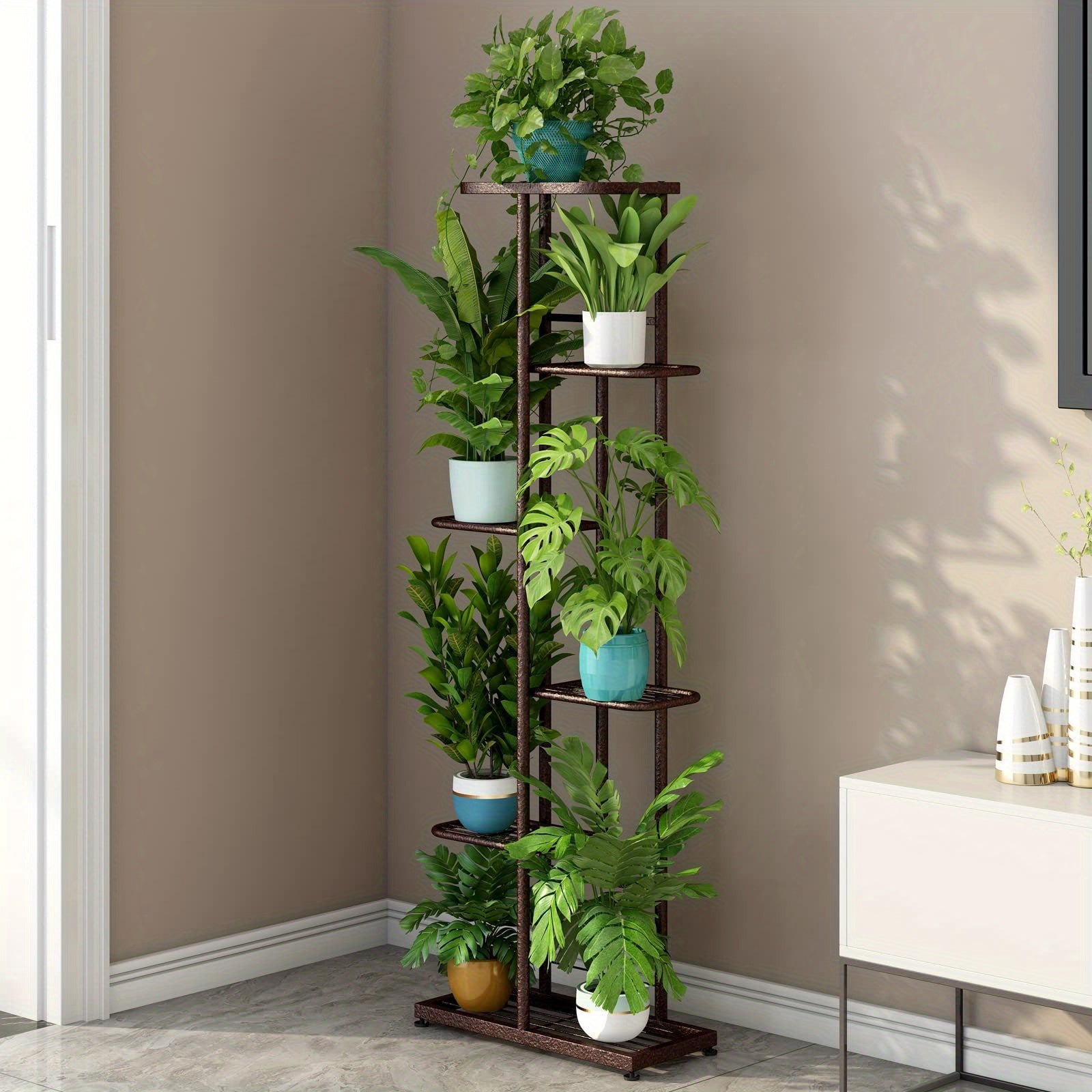 6-Tier Metal Plant Stand for 7+ Pots - Versatile Indoor & Outdoor Display Shelf in White, Bronze, Dark Grey, Light Green - Durable, Easy Assembly, Ideal for Patio, Garden, Corner, Balcony, Living Room Decor, Multiplan