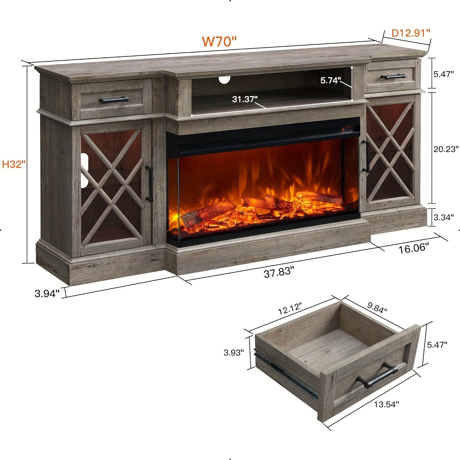 3-Sided Glass Farmhouse Fireplace TV Stand For TVs Up To 80'', Highboy Entertainment Center With Glass Door Storage Cabinet, 70'' Large TV Stands With 36'' Electric Fireplace