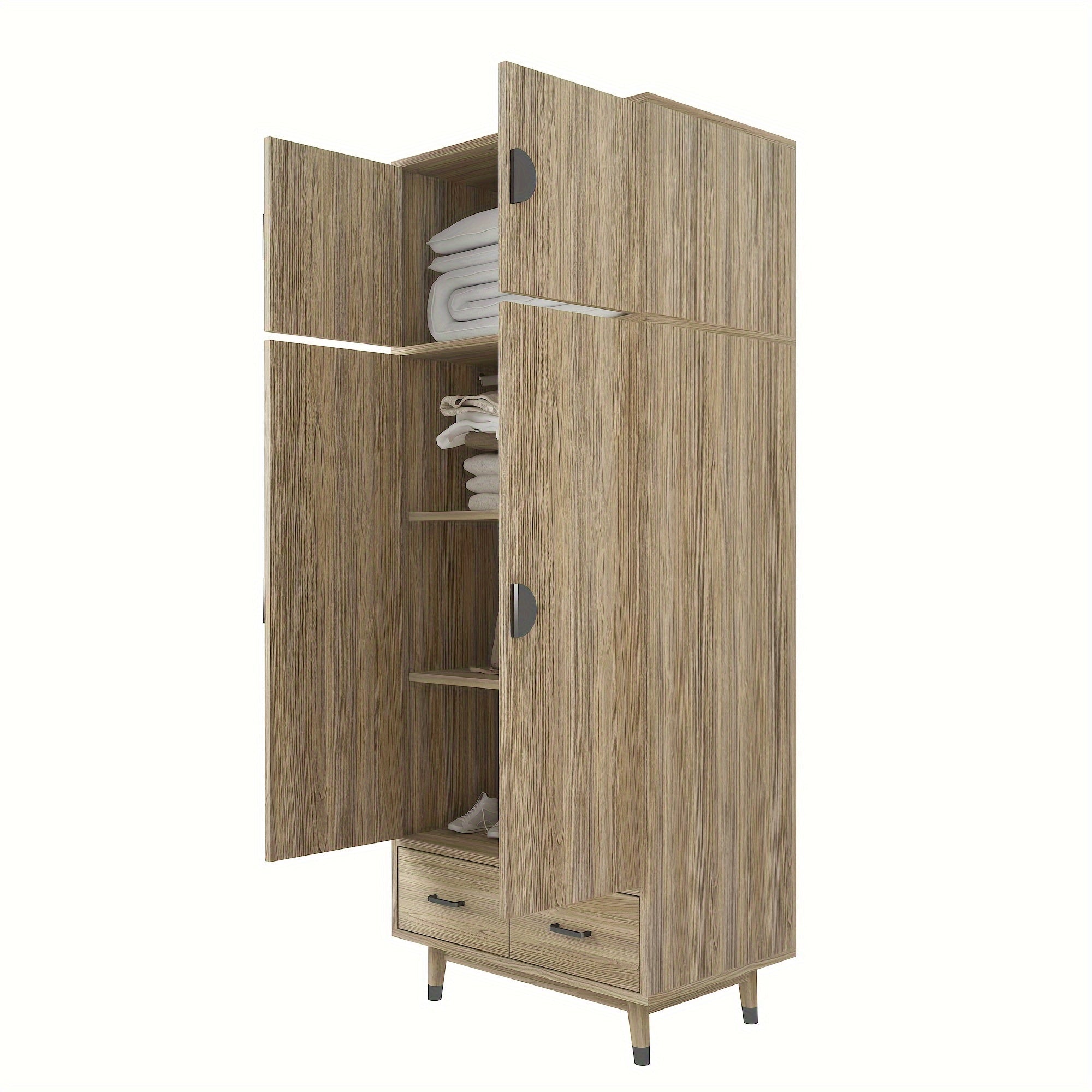 Large Armoire Wardrobe Bedroom Closet With 4 Doors, 2 Drawers, Removable Hanging Rod And Adjustable Shelves For Bedroom