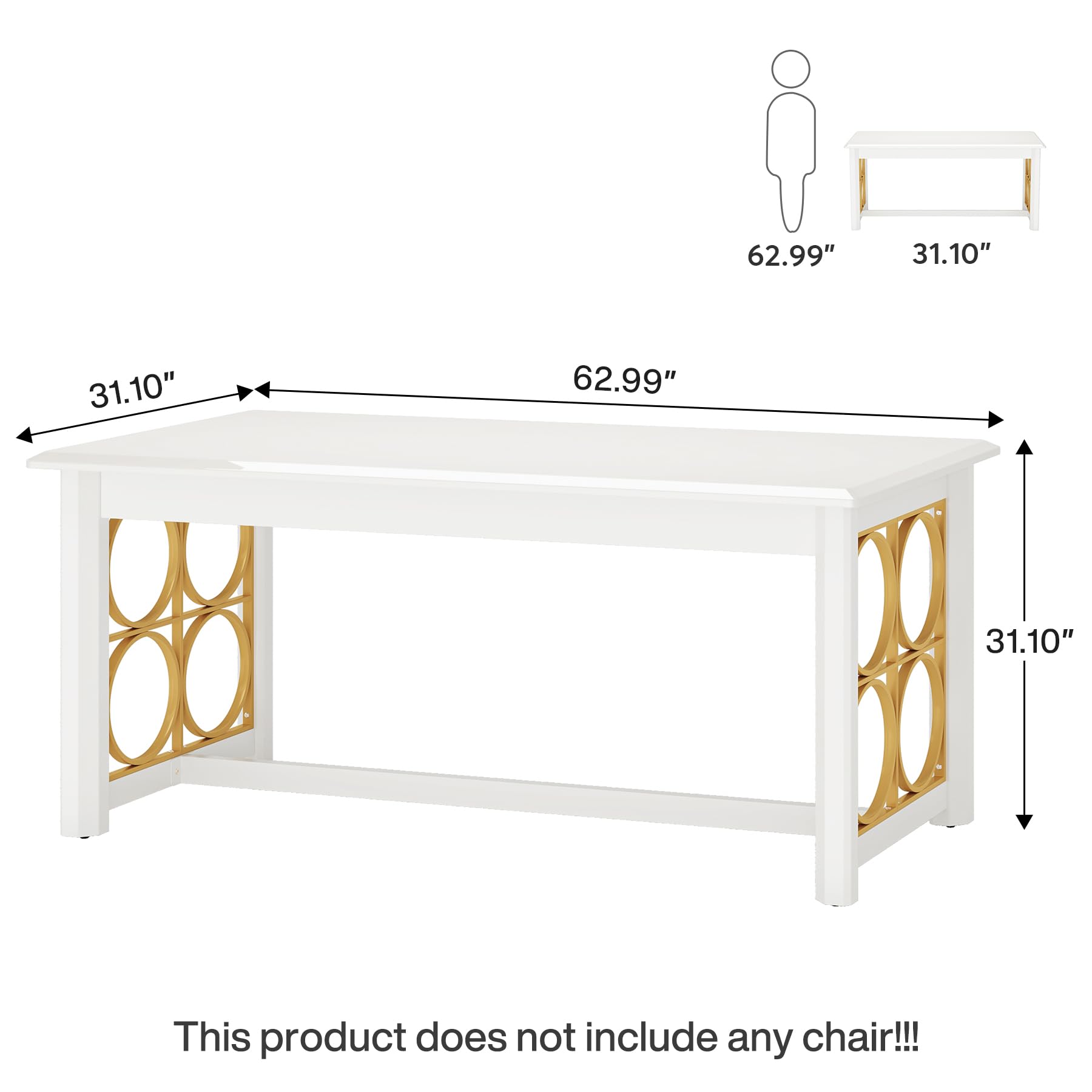 160cm Dining Table for 4-6 People, Modern Kitchen Table with Gold Metal & Glossy Surface, Rectangular Dinner Table for Kitchen, Dining Room, Living Room, White & Gold