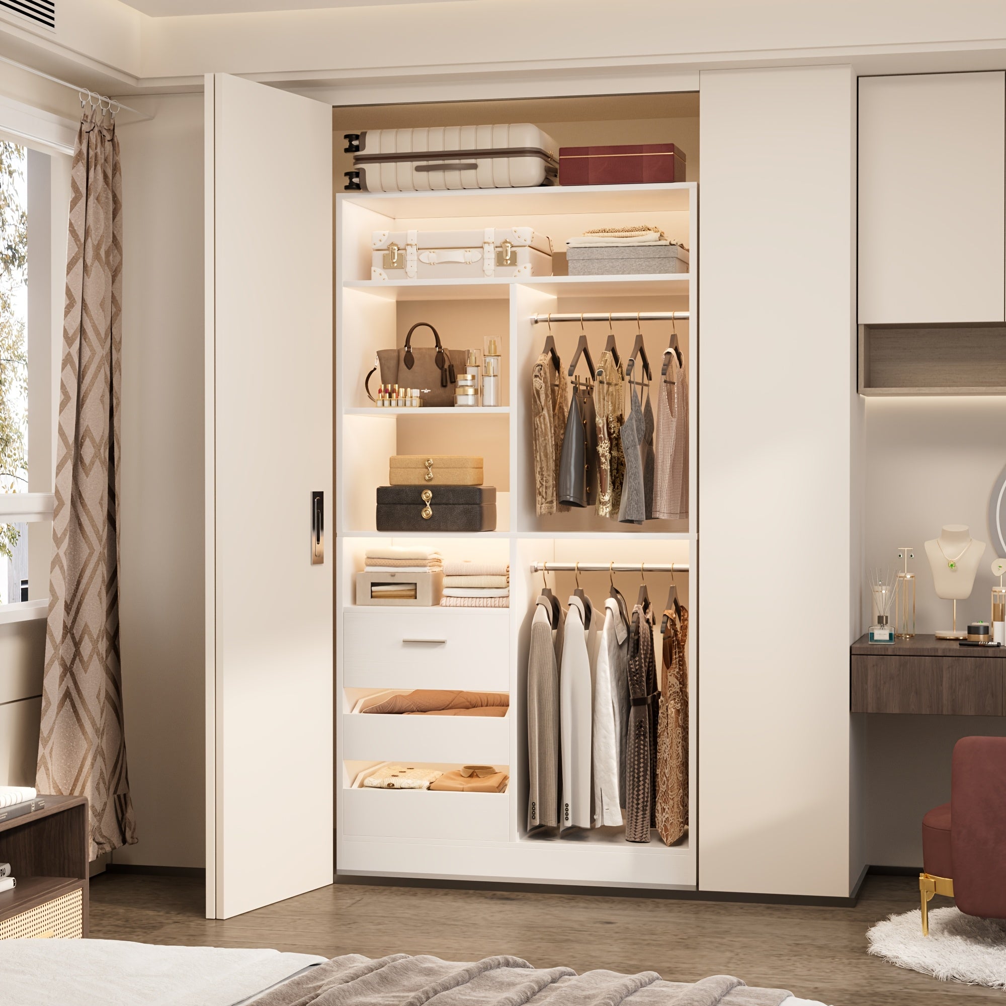Standalone Wardrobe System with Suitcase Storage Space 36 Inch Standalone Wardrobe with 3 Wooden Drawers 80 Inch Height