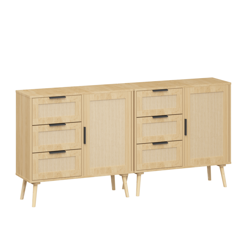 Chic Modern Rattan & Wood Dresser with Natural Woven Texture - 3-Drawer Storage Cabinet with Black Handles, Open Compartments for Bedroom, Living Room, Entryway - No Power Needed, Dresser for Bedroom