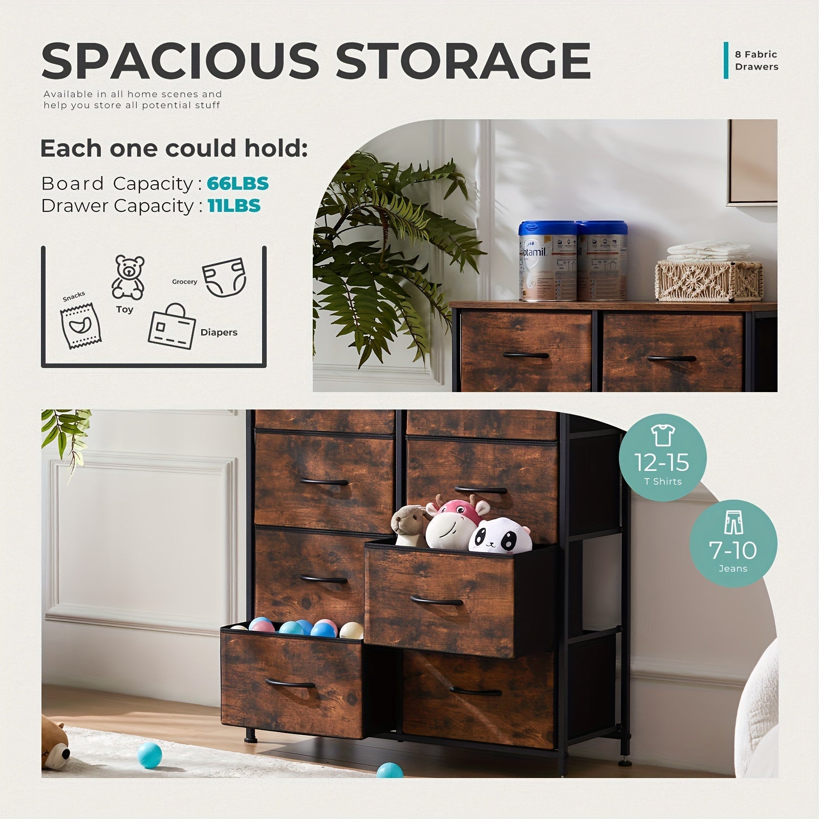 Dresser for Bedroom with 8 Drawers Clothes Drawer Fabric Closet Organizer Dresser with Metal Frame and Wood Tabletop