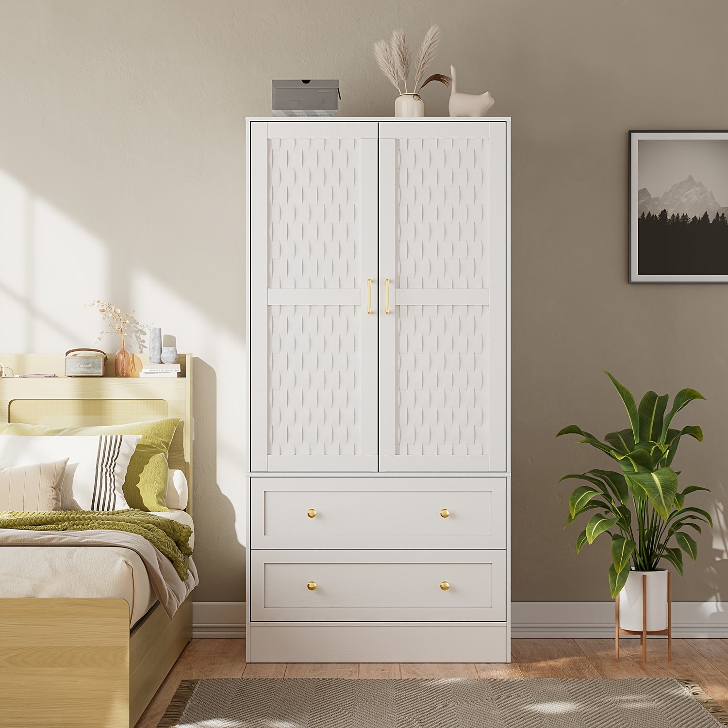 Wardrobe with 2 Doors, 2 Drawers and Hanging Rod, Design Style Woven Door, Bedroom Wooden Clothes Storage Cabinet