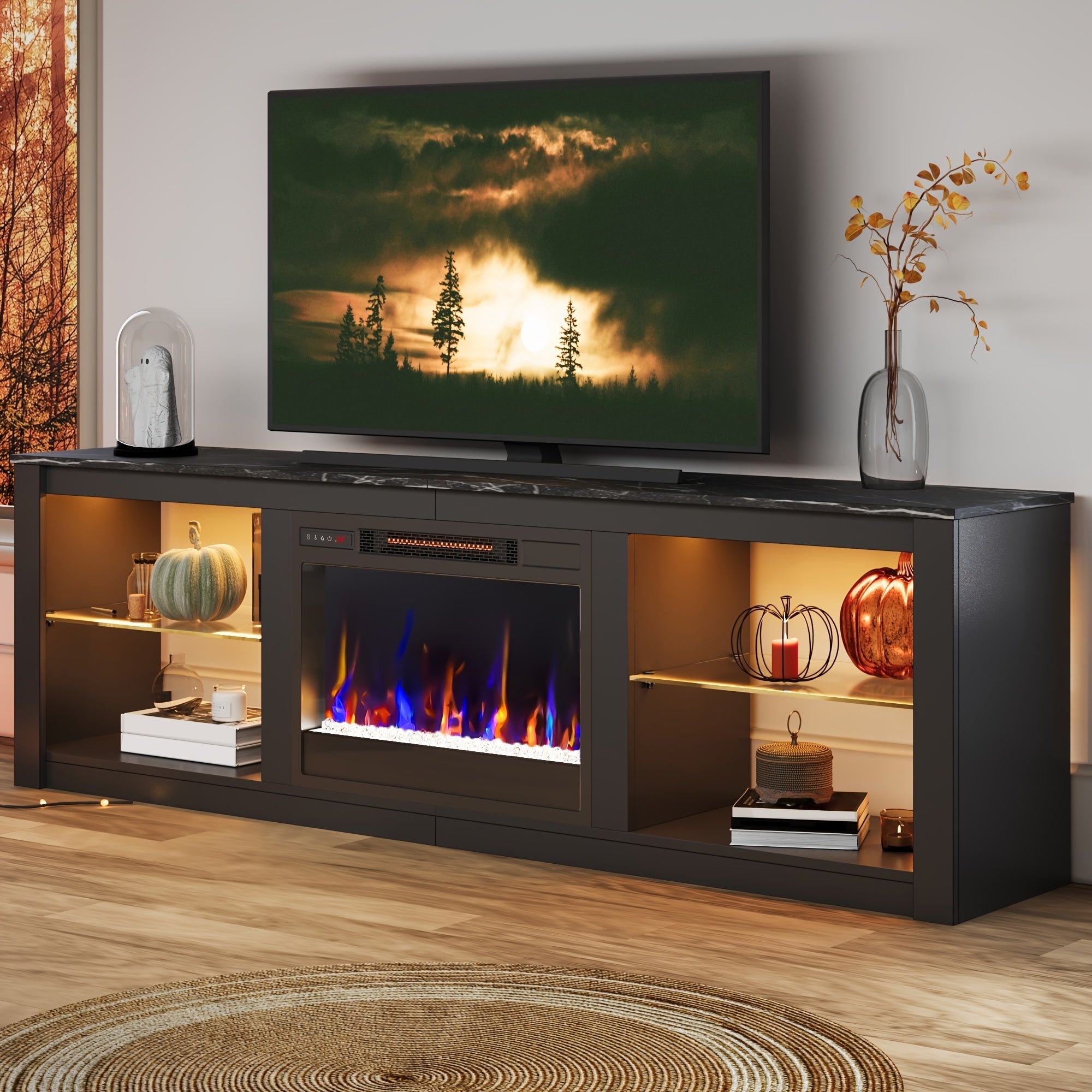 70 Inch Large TV Stand with 23" Electric Fireplace - Modern Entertainment Center with RGB LED Lights, Wooden TV Stand for TVs Up to 80", Temper Glass Shelves, Gift for Thanksgiving And Christmas, Black Marble And Rustic Finis