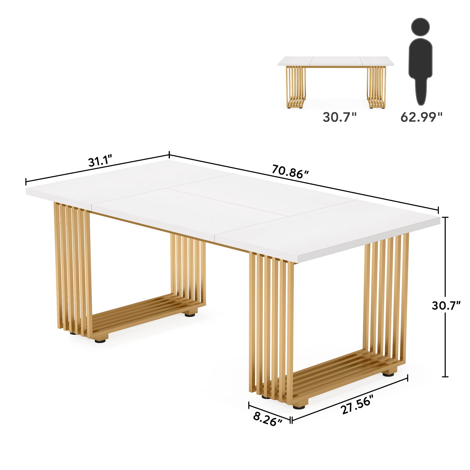 Modern Dining Table for 6-8 People, 180cm White Dining Room Table, Wooden Kitchen Table, Rectangular Dinner Table for Dining Room Family Gathering