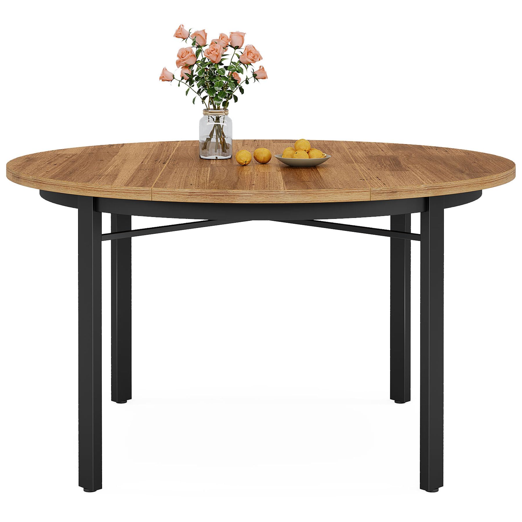 Round Dining Table for 4-6 People 119cm Farmhouse Kitchen Table Dining Room Table with Solid Metal Legs Circle Dinner