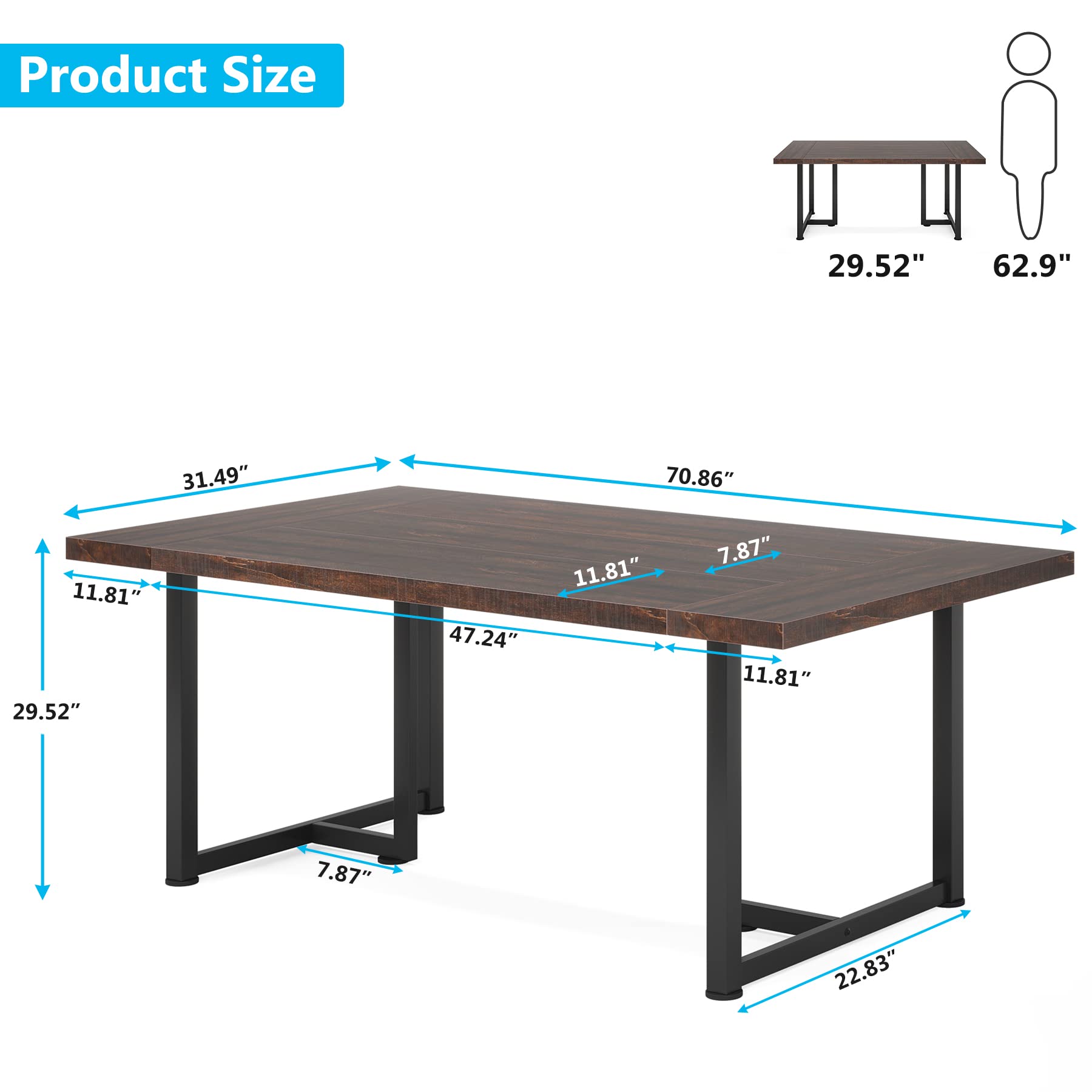 Dining Table Kitchen Table for 6,Farmhouse Kitchen Table for Dining Room, Industrial Rectangular Table with Steel Legs Metal Frame, Kitchen, Home Furniture (Brown)