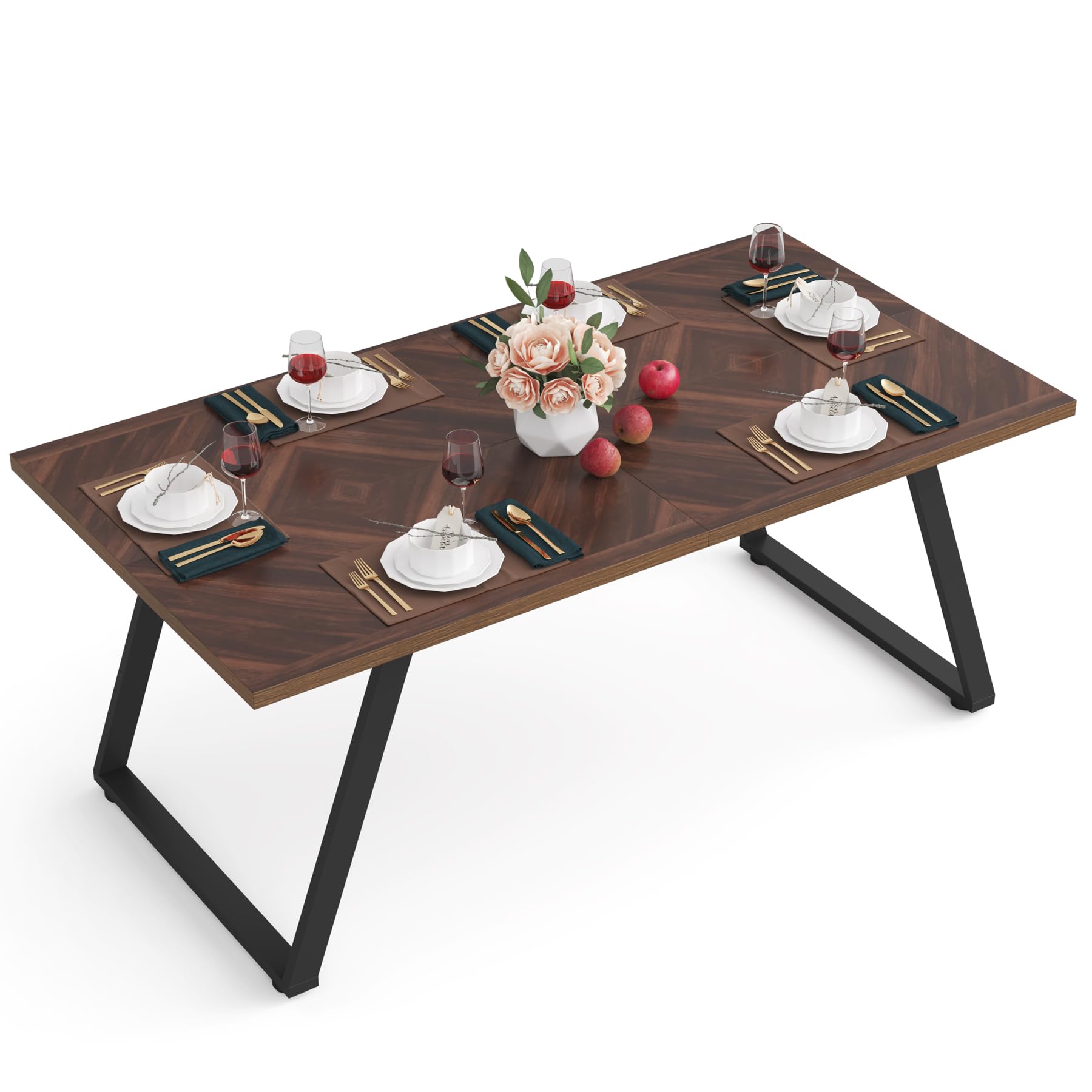 Dining Room Table, Industrial Walnut 160cm W Rectangle Wooden Kitchen Table with Steel Legs Metal Frame, Farmhouse Patio Dinner Table for 6 for Kitchen, Backyard, Home Office