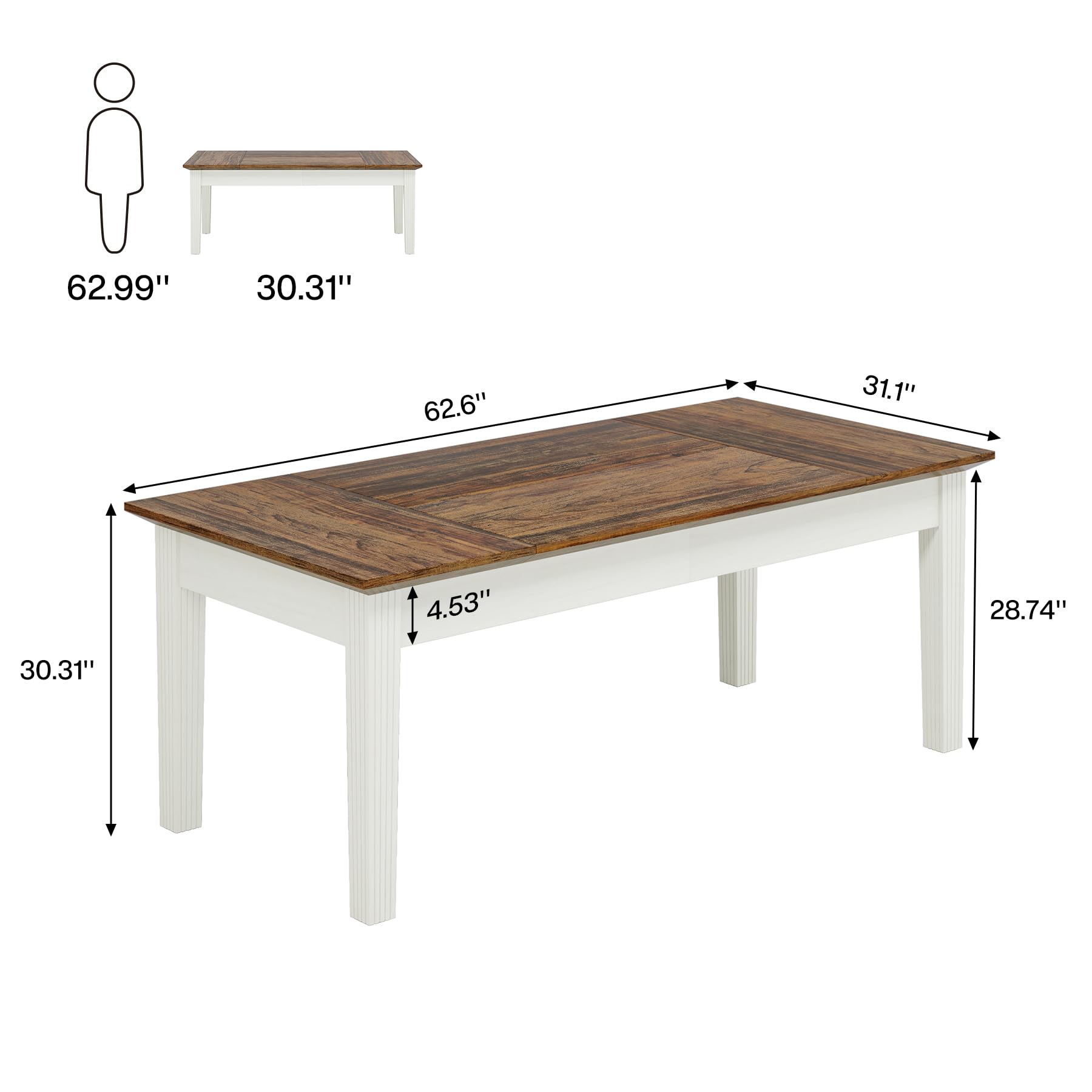 Dining Table for 4-6 People, 160cm Rectangular Kitchen Table with Solid Wood Legs, Modern Farmhouse Dinner Table for Dining Room, Kitchen, Living Room, Rustic Brown & White