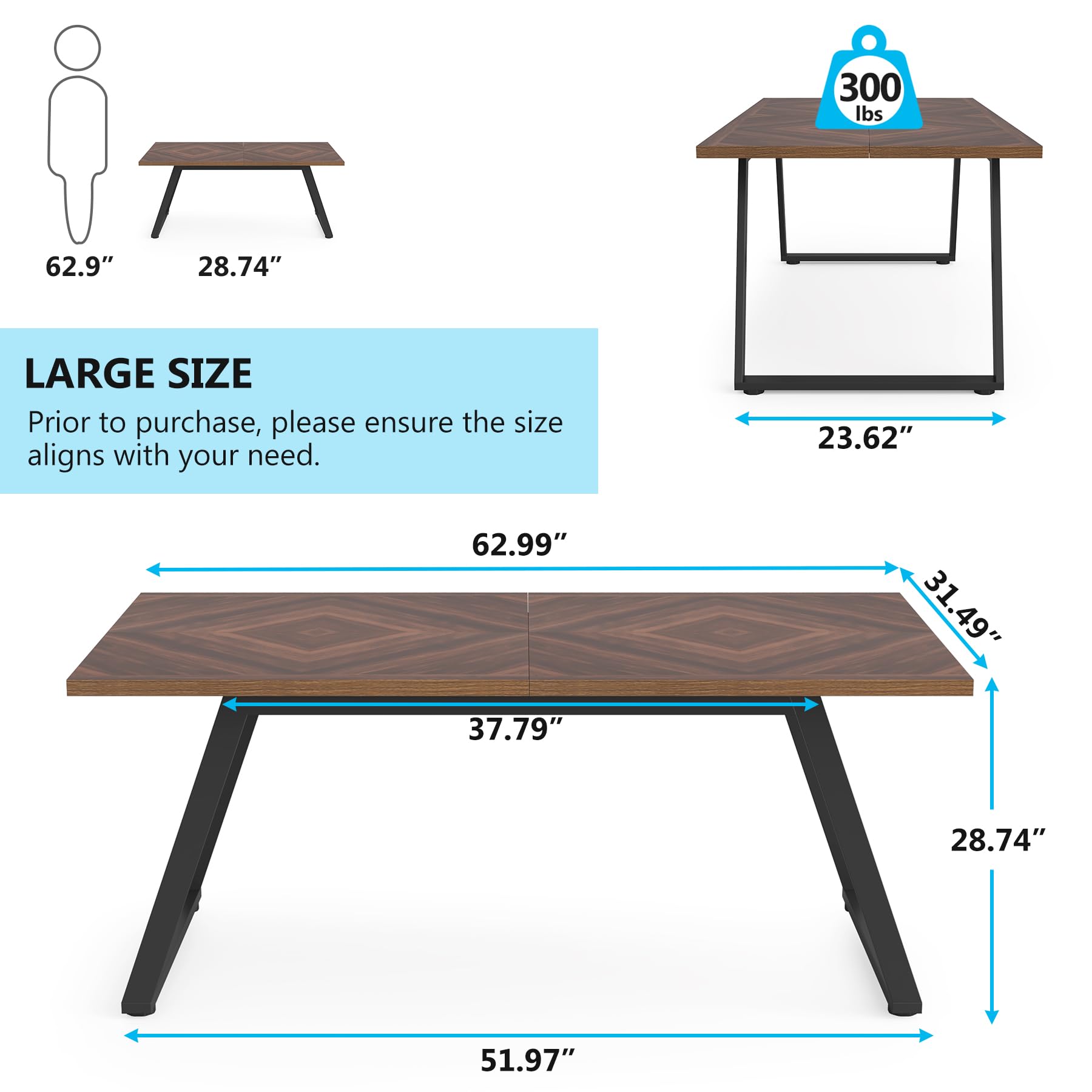 Dining Room Table, Industrial Walnut 160cm W Rectangle Wooden Kitchen Table with Steel Legs Metal Frame, Farmhouse Patio Dinner Table for 6 for Kitchen, Backyard, Home Office