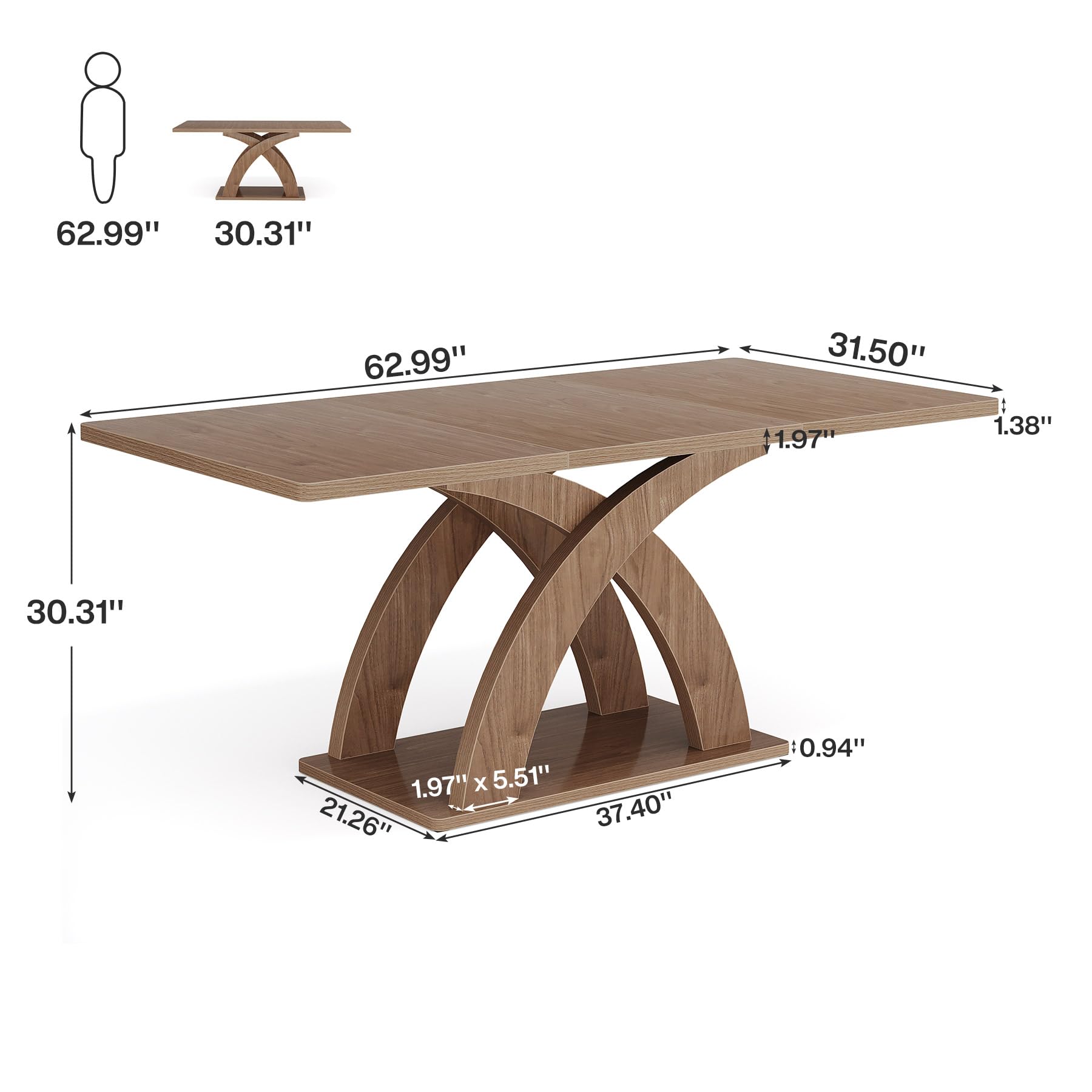 Dining Table for 4-6 People, 160cm W Modern Rectangular Kitchen Table with Thick Wooden Pedestal Base, Wood Dinner Table Dining Room Table