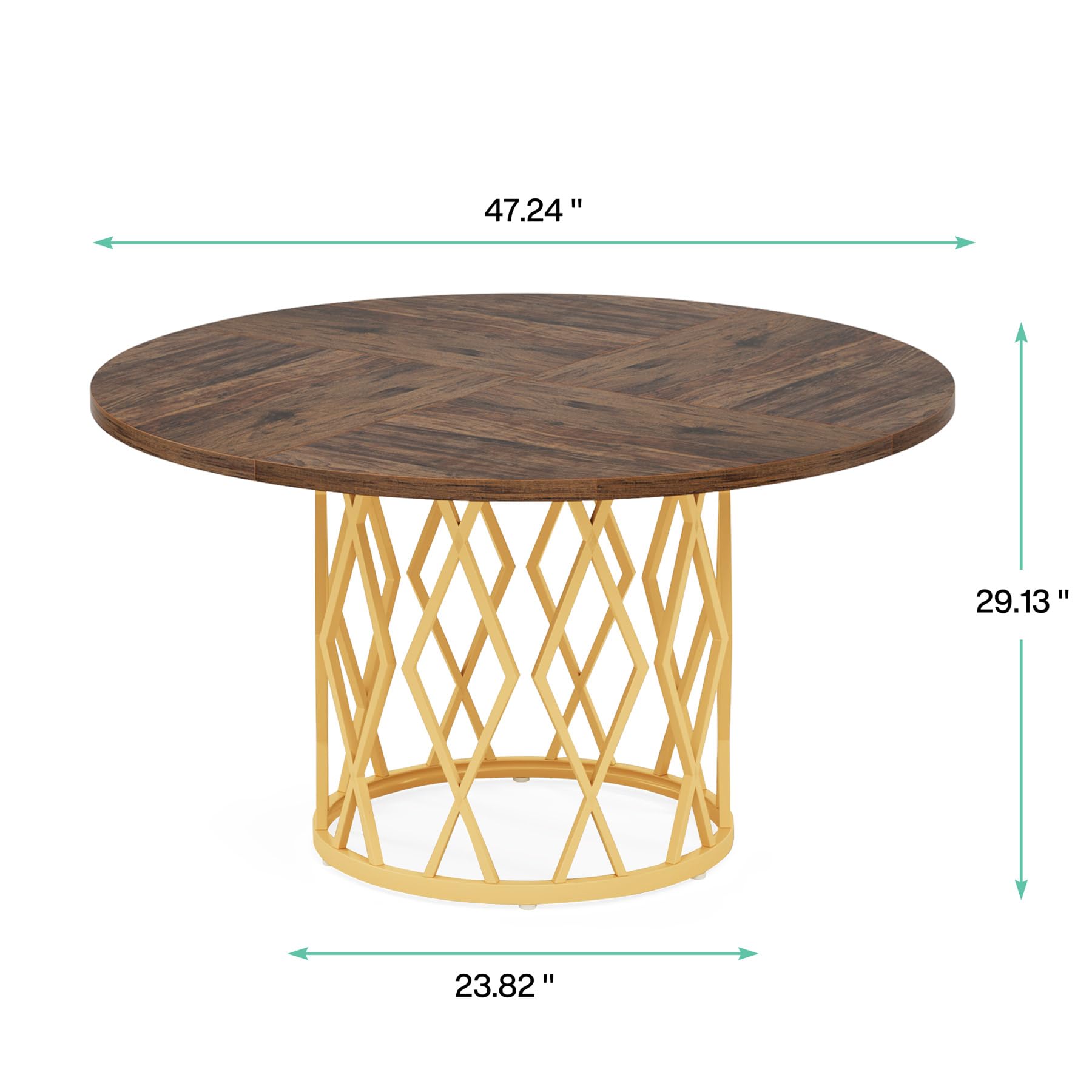 Round Dining Table for 4 People, Circle Dining Room Table with Metal Base, 47.2 Inch Round Kitchen Dinner Table for Living Room Kitchen Dining Room (Gold and Brown)