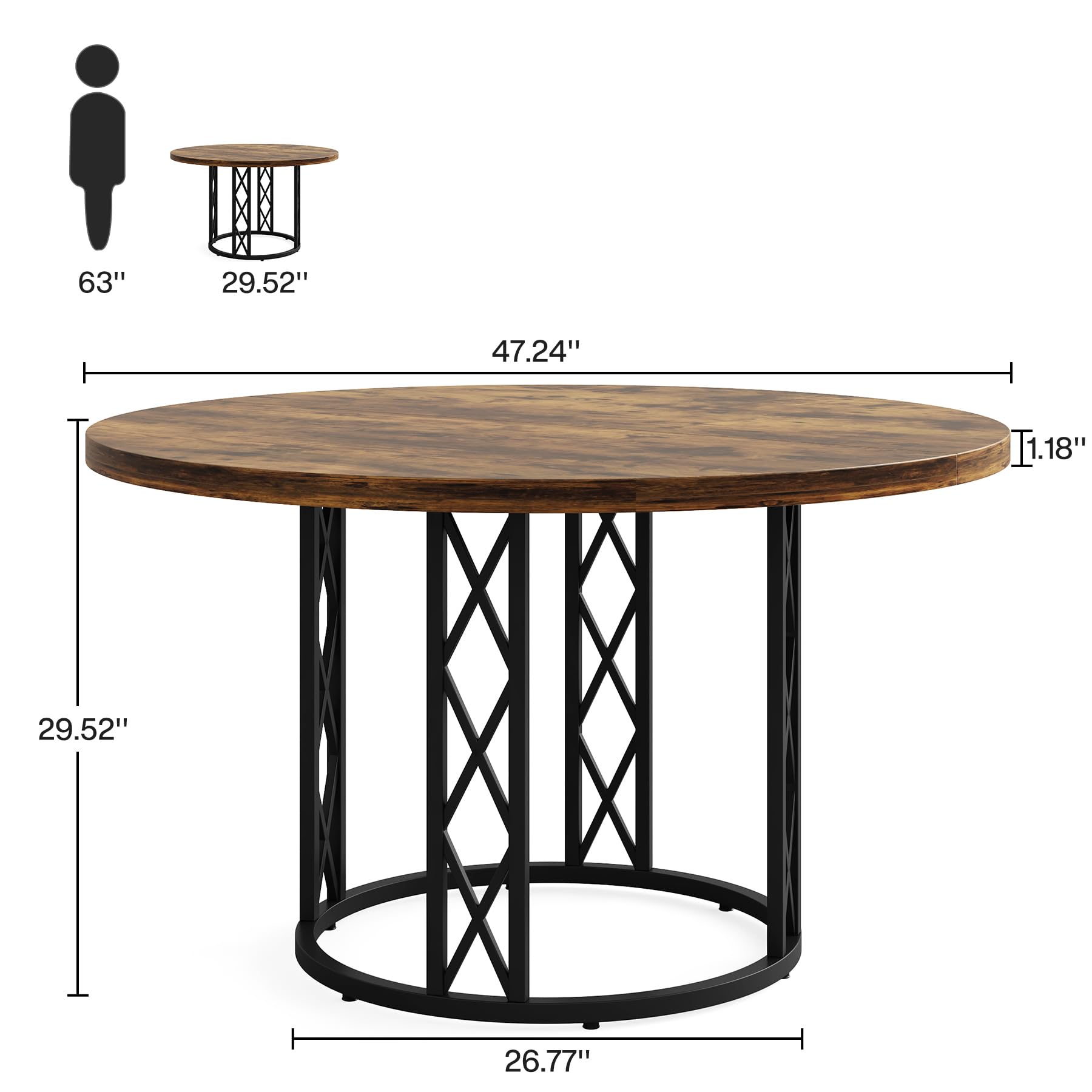 Round Dining Table for 4 People: 120cm Modern Kitchen Table with Wood Grain Surface & Metal Base, Rustic Round Table for Dining Room, Living Room, Brown & Black（Only Table）