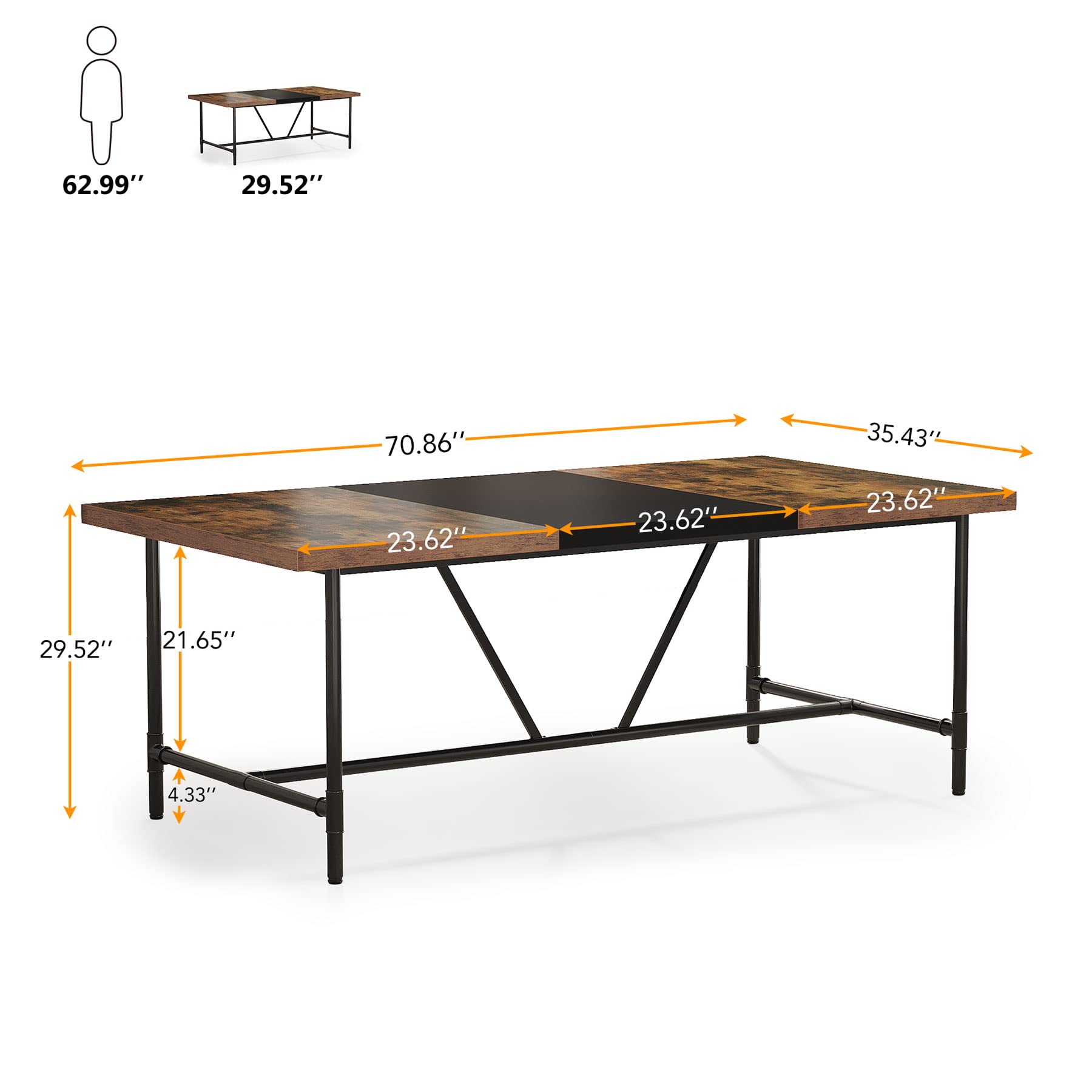 178cm Large Dining Table for 6-8, Industrial Rustic Kitchen Dining Room Table, Rectangle Dinner Table with Tube Metal Frame for Kitchen, Living Room, Brown