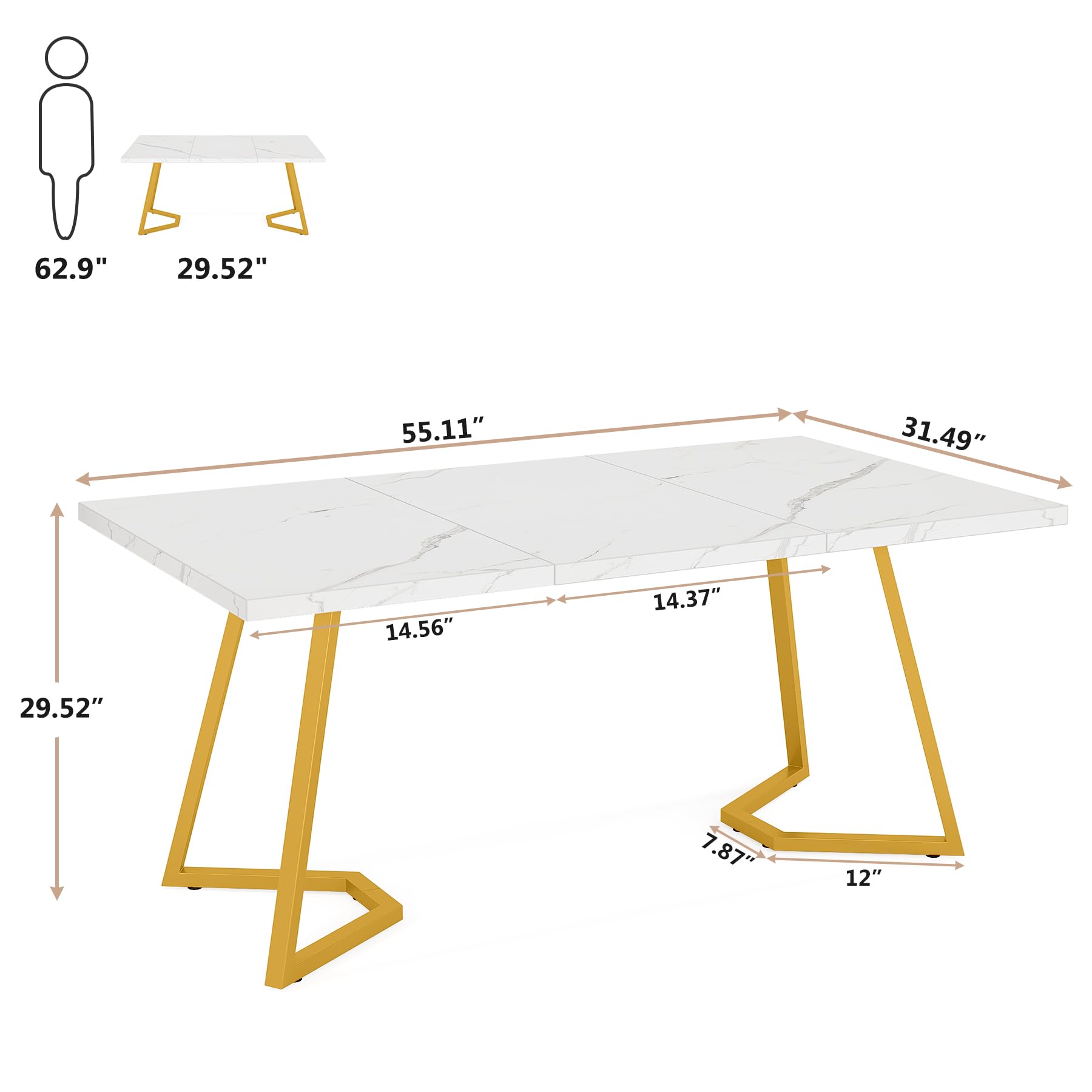 Gold Dining Dinner Table: 140cm Modern White Dining Room Table with Golden Legs, Faux Marble Small Kitchen Table for 6, Rectangular Dining Table for Apartment