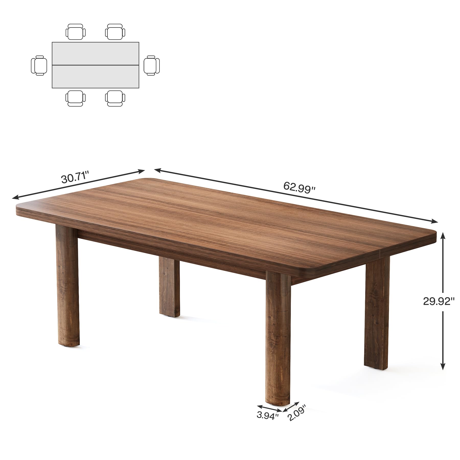 Wood Dining Table for 4-6 People, 158cm Farmhouse Kitchen Table with Solid Wood Legs, Rectangular Dinner Table for Dining Room, Kitchen, Living Room