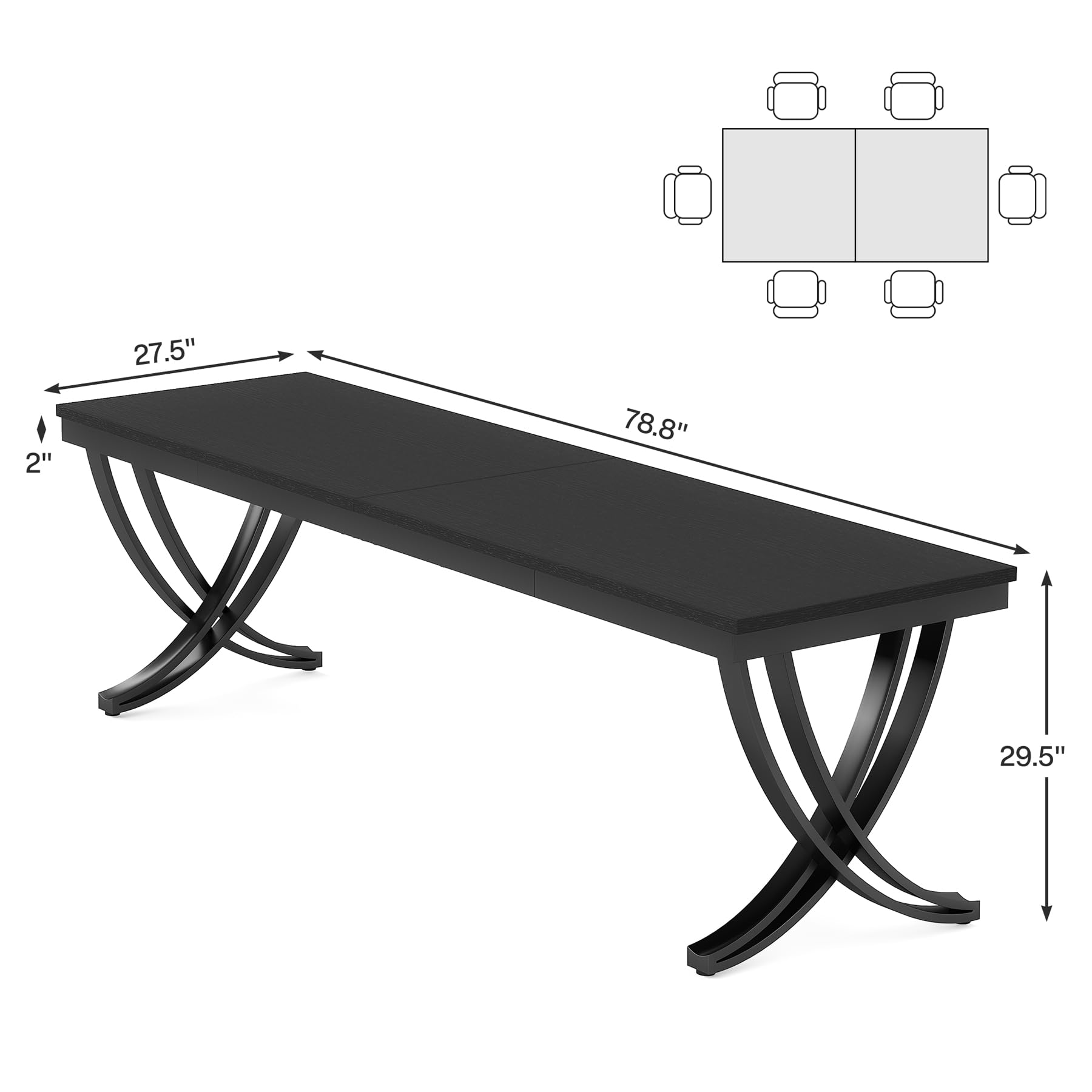 Rectangular Dining Table for 6-8, 203cm Large Wood Farmhouse Dinner Table with Heavy Duty Metal Legs and Wooden Top for Kitchen Dining Room Living Room (Only Table) (Black)