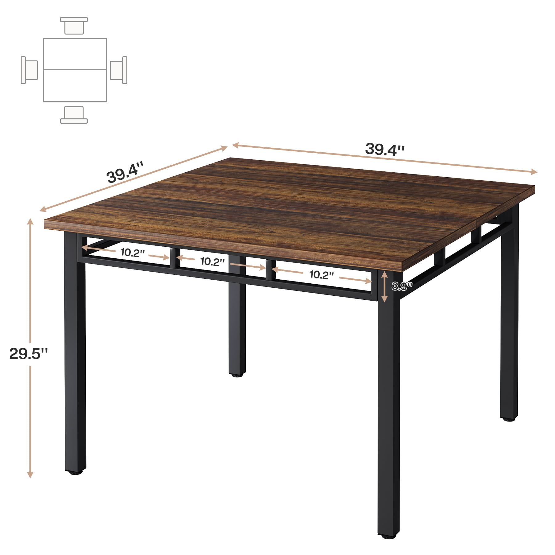 Square Dining Table Industrial Kitchen Table for 2-4 People, 99cm Small Dinner Table with Metal Legs Wood Tabletop for Dining Room Living Room Small Space, Black Rustic Brown(Only Table)