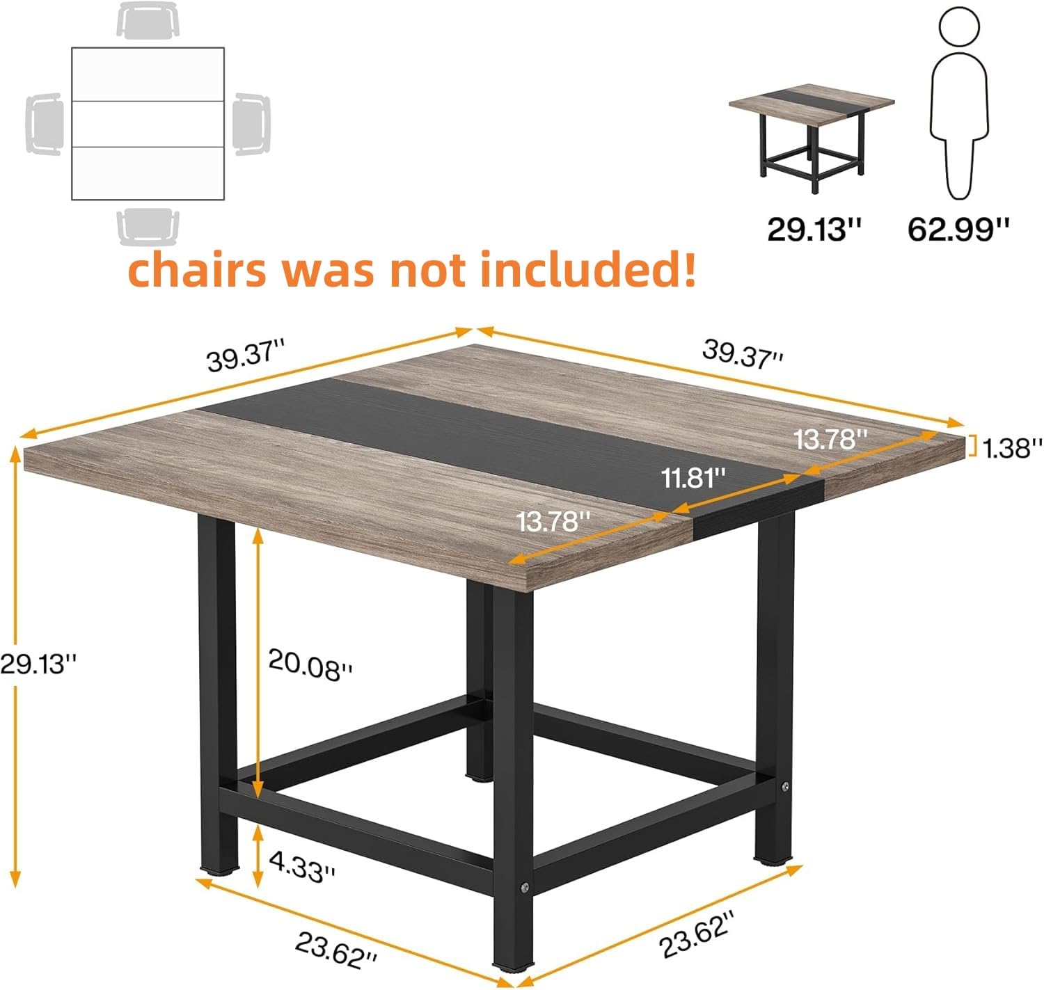 Square Dining Table for 4 People, Farmhouse 101cm Wooden Kitchen Table, Farmhouse 2 Person Dinning Table for Dinning Room &Small Space, Black&Retro (Rusitc&Black)