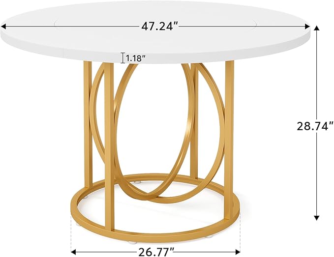 Modern Round Dining Table for 4-6, 119cm White Kitchen Table with Gold Base, Wood Dinner Table Coffee Table for Home Dining Room, Kitchen, Living Room, Apartment, Cafe’