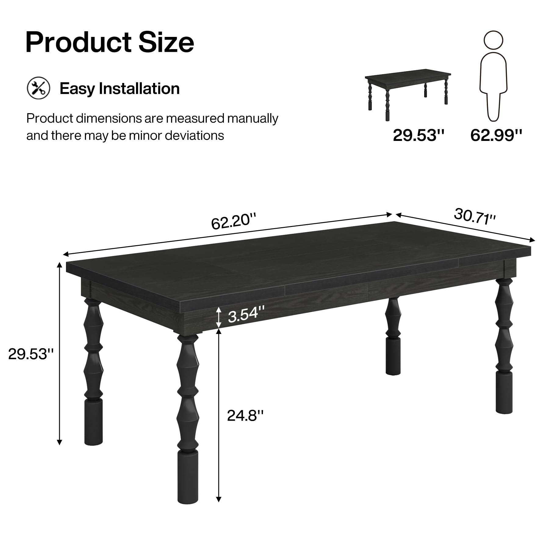 158cm Wood Dining Table for 4-6 People, Farmhouse Large Rectangle Kitchen Table, Dinner Table Kitchen & Dining Room Furniture with Carved Turned Legs, Walnut