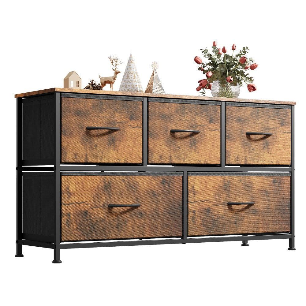 Dresser for Bedroom with 5 Drawers, Wide Chest of Drawers, Fabric Dresser, Storage Organizer Unit with Fabric Bins for Closet, Living Room, Hallway