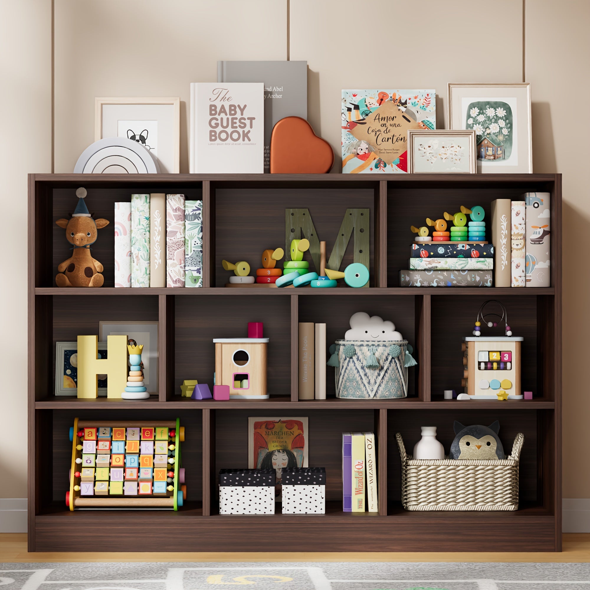 Smile Back 3-Tier Open Shelf Bookcase 10 Cube Storage Organizer with Anti-Tilt Device for Living Room or Office - Brown