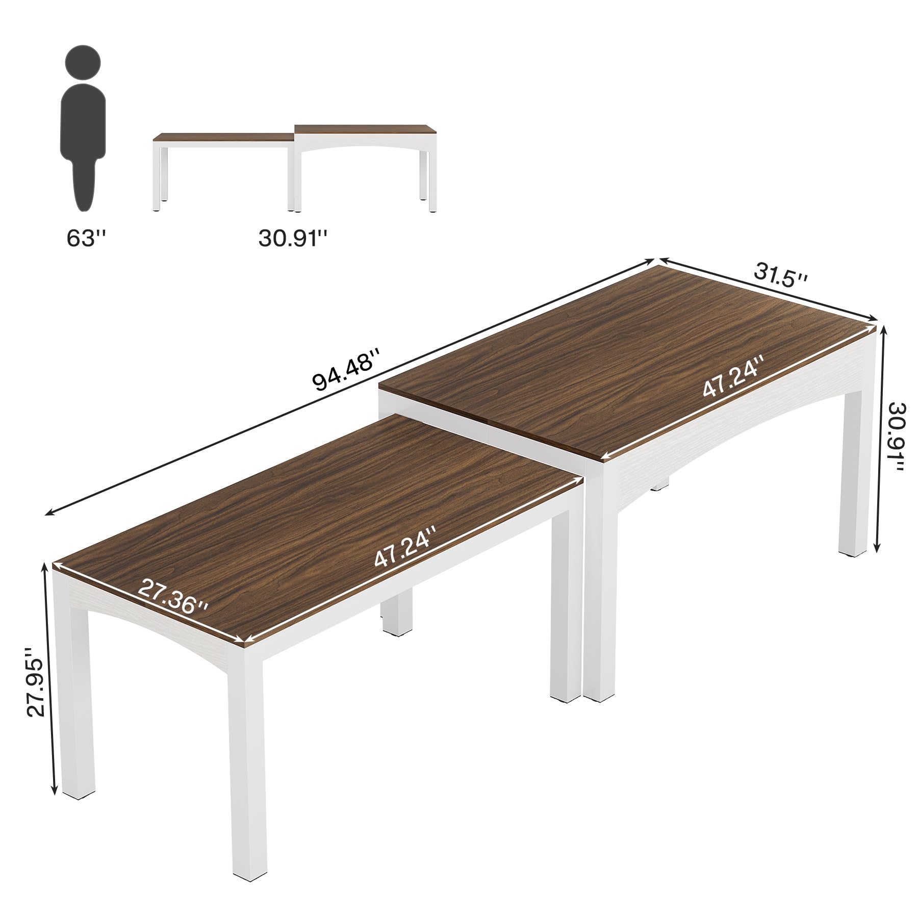 Extendable Dining Table for 6-10 People, 240cm Long Wood Kitchen Table with Heavy-Duty Metal Frame, Farmhouse Large Rectangular Dining Room Table, Brown and White