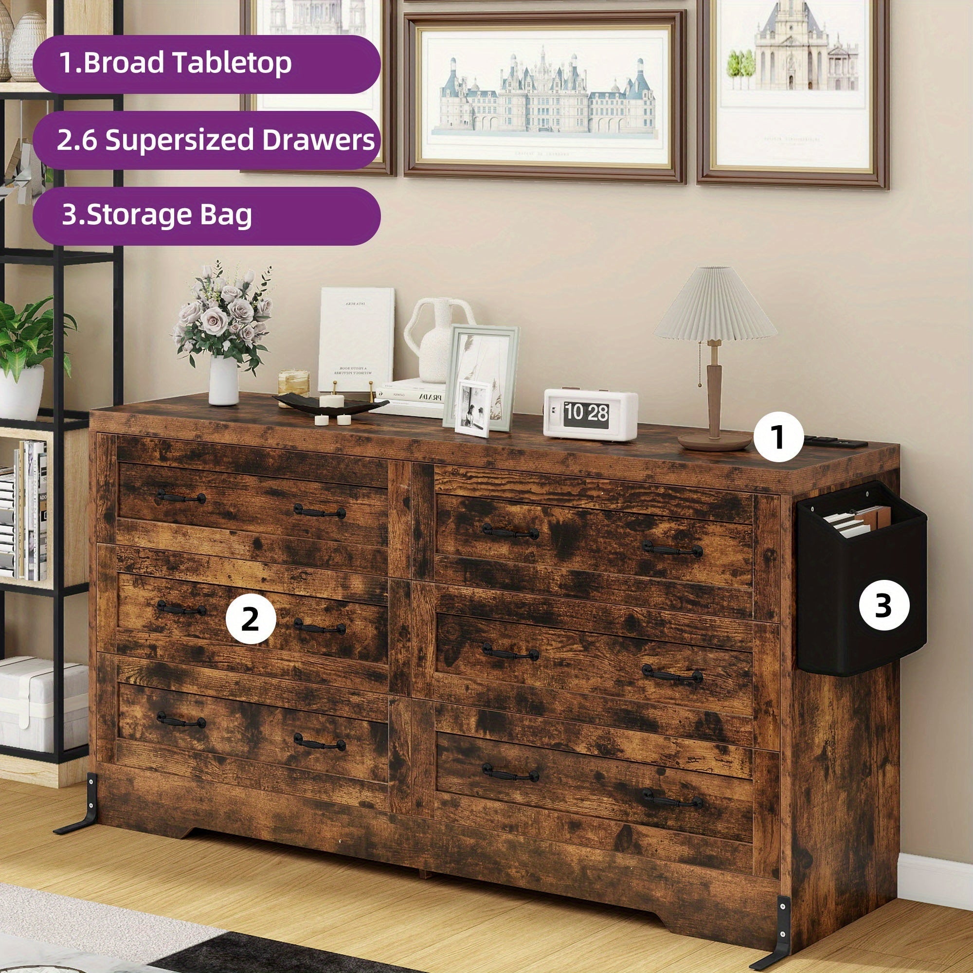 Rustic Brown Wood Dresser with Six Drawers, Charging Station, and Bag