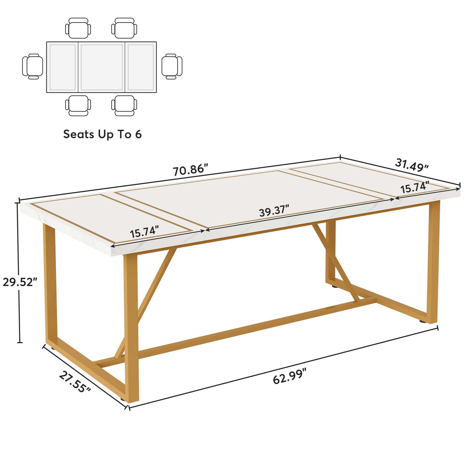 180cm Dining Table for 6 to 8, Modern Kitchen Table Dining Room Table, Rectangle White Dinner Table with Gold Meta Base for Kitchen, Living Room