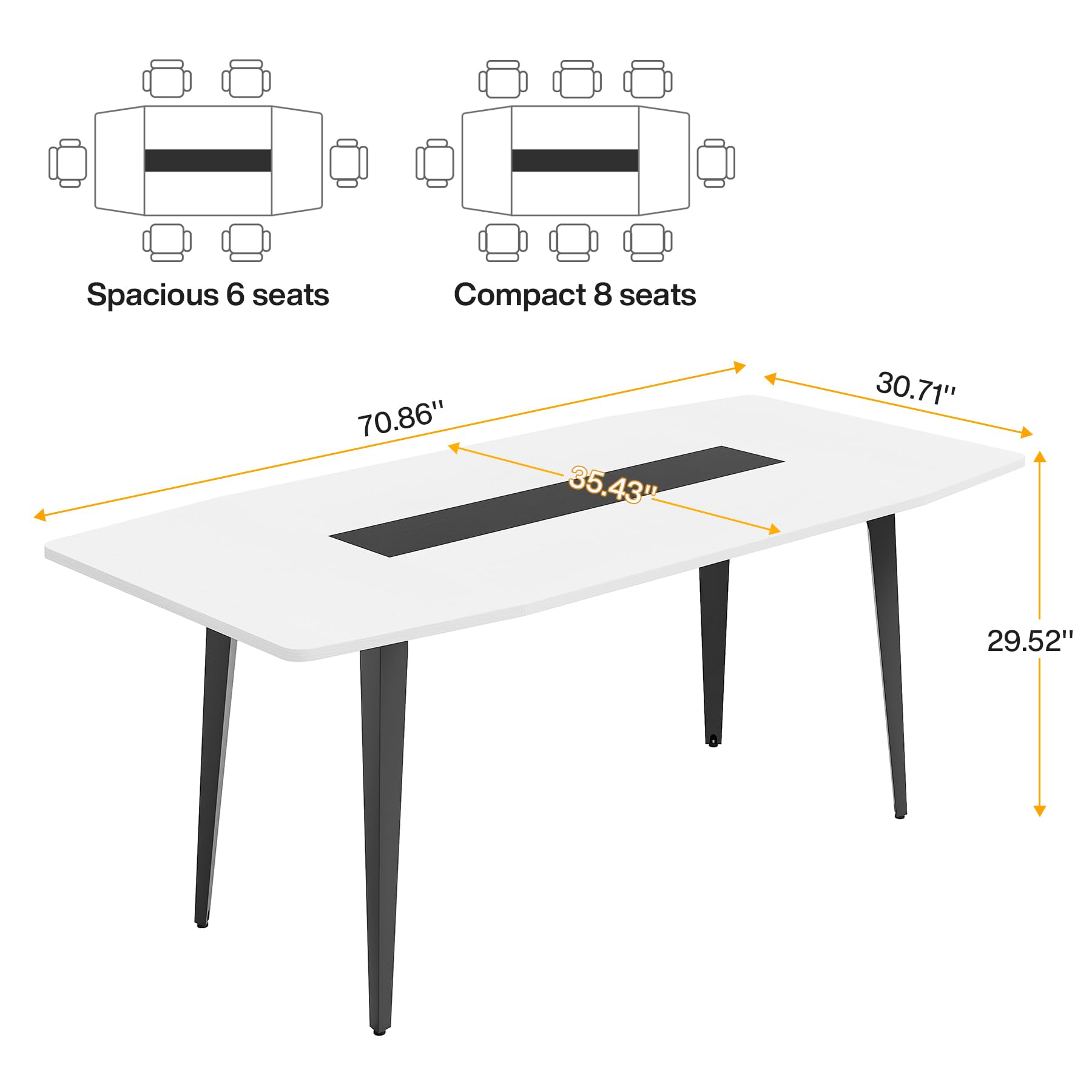 Dining Table for 6-8 People, 180cm Inches Large Kitchen Table with Metal Legs, Wood Dining Room Table for Kitchen, Family Gathering (White)