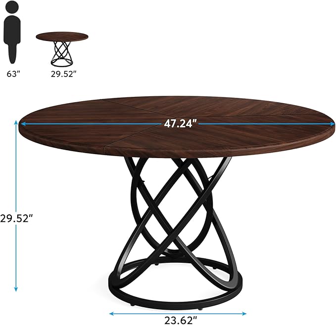 Round Dining Table for 4-6 People, 119cm Dinner Table Circle Kitchen Table with Metal Base, Wood Dining Room Table Cofee Table for Kitchen, Restaurant, Café, Walnut and Black