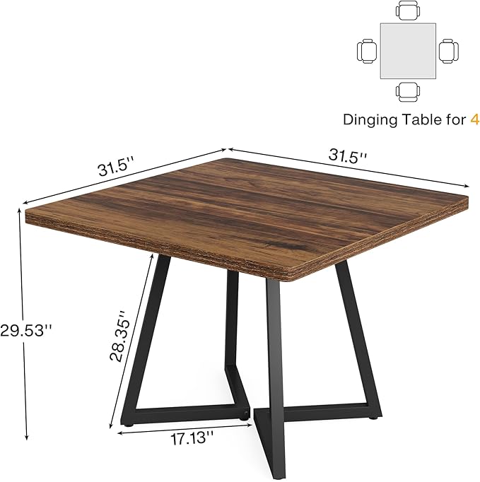 Square Dining Table for 4, 78cm Industrial Dinner Table with Metal Base, Wood Kitchen Table for Dining Room, Small Space, Apartment, Rustic Brown & Black