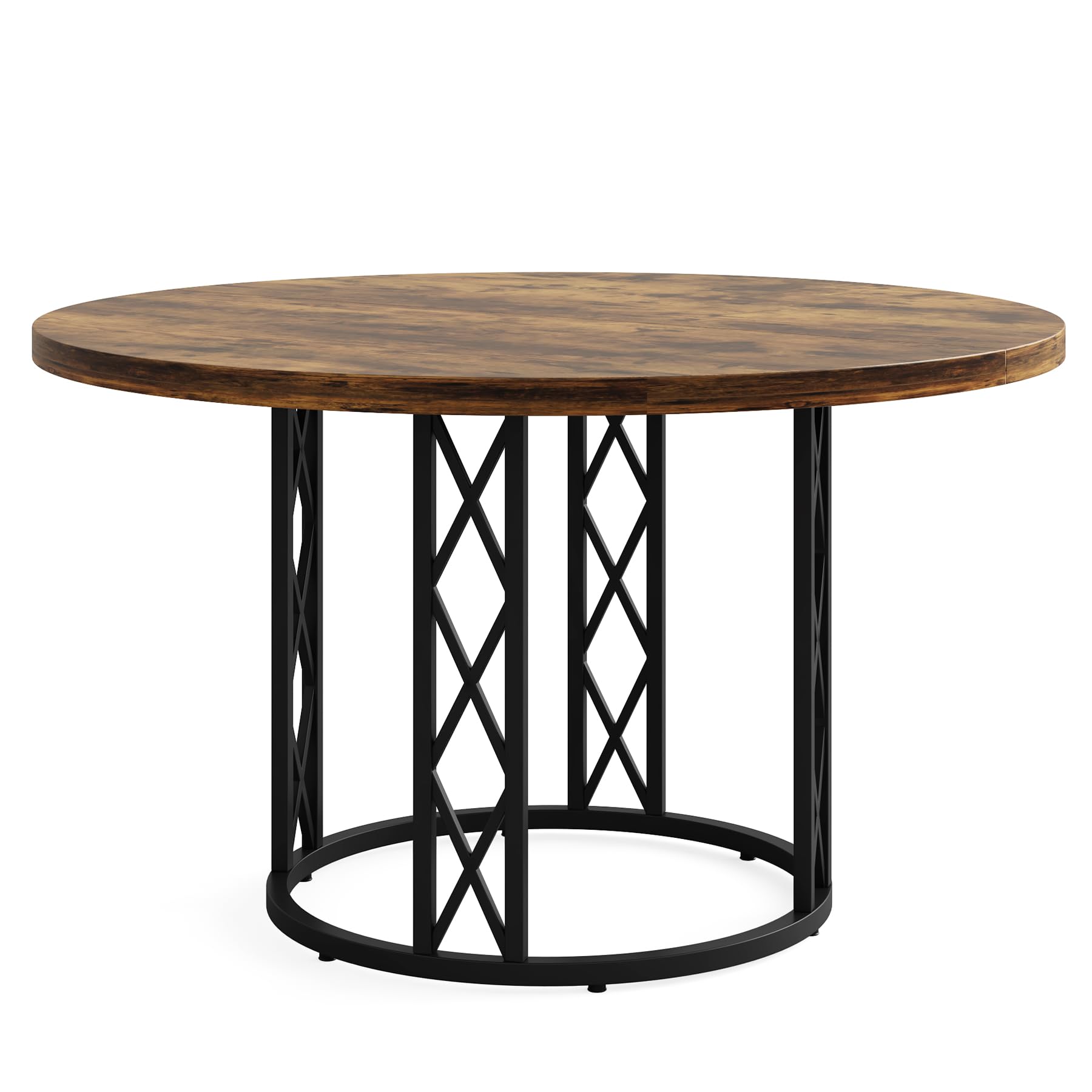 Round Dining Table for 4 People: 120cm Modern Kitchen Table with Wood Grain Surface & Metal Base, Rustic Round Table for Dining Room, Living Room, Brown & Black（Only Table）