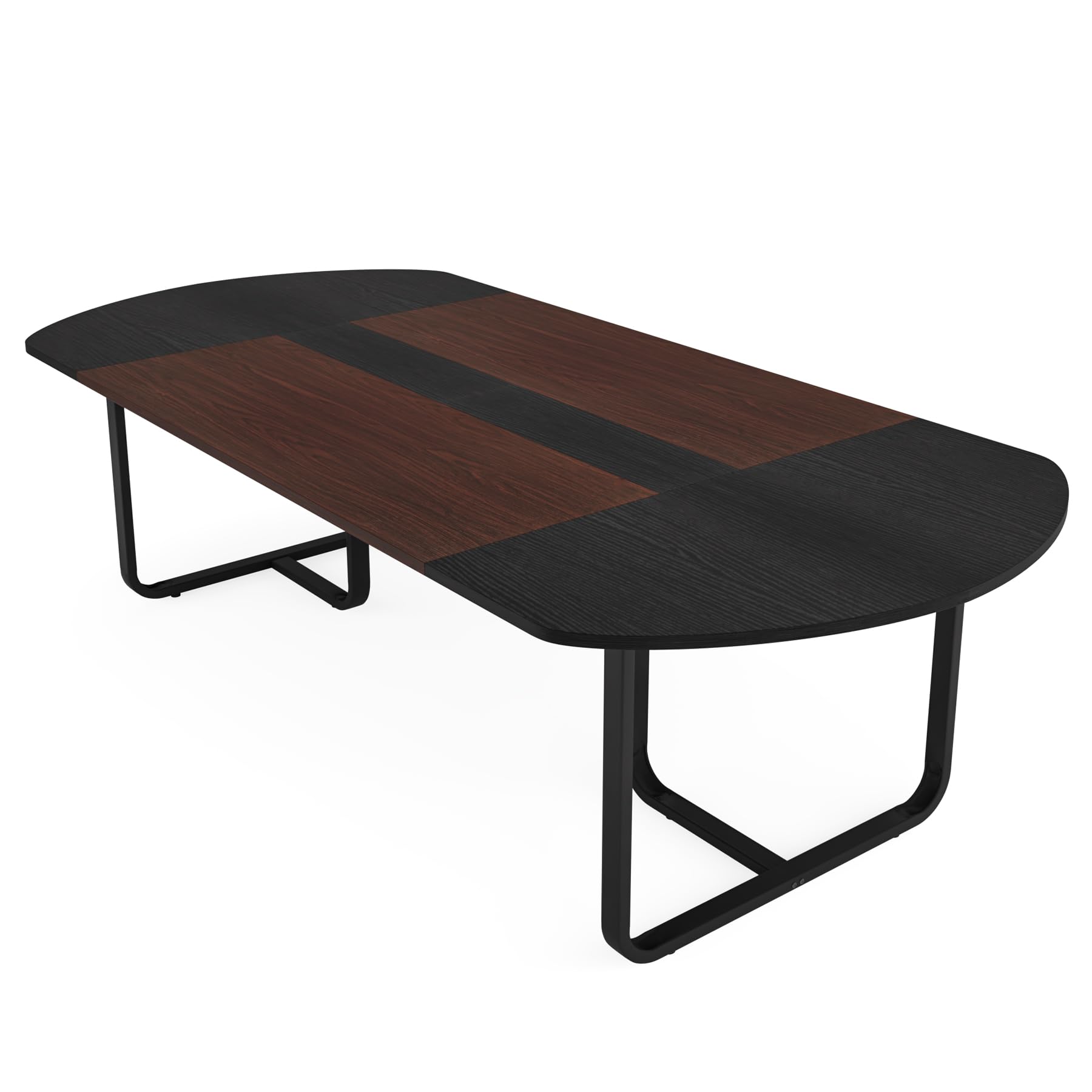 180cm Modern Oval Dining Table with Walnut and Black Finish Splicing Board, Curved Kitchen Tables for 6-8, Large Dining Room Table with Stylish Metal Legs (Walnut+Black)