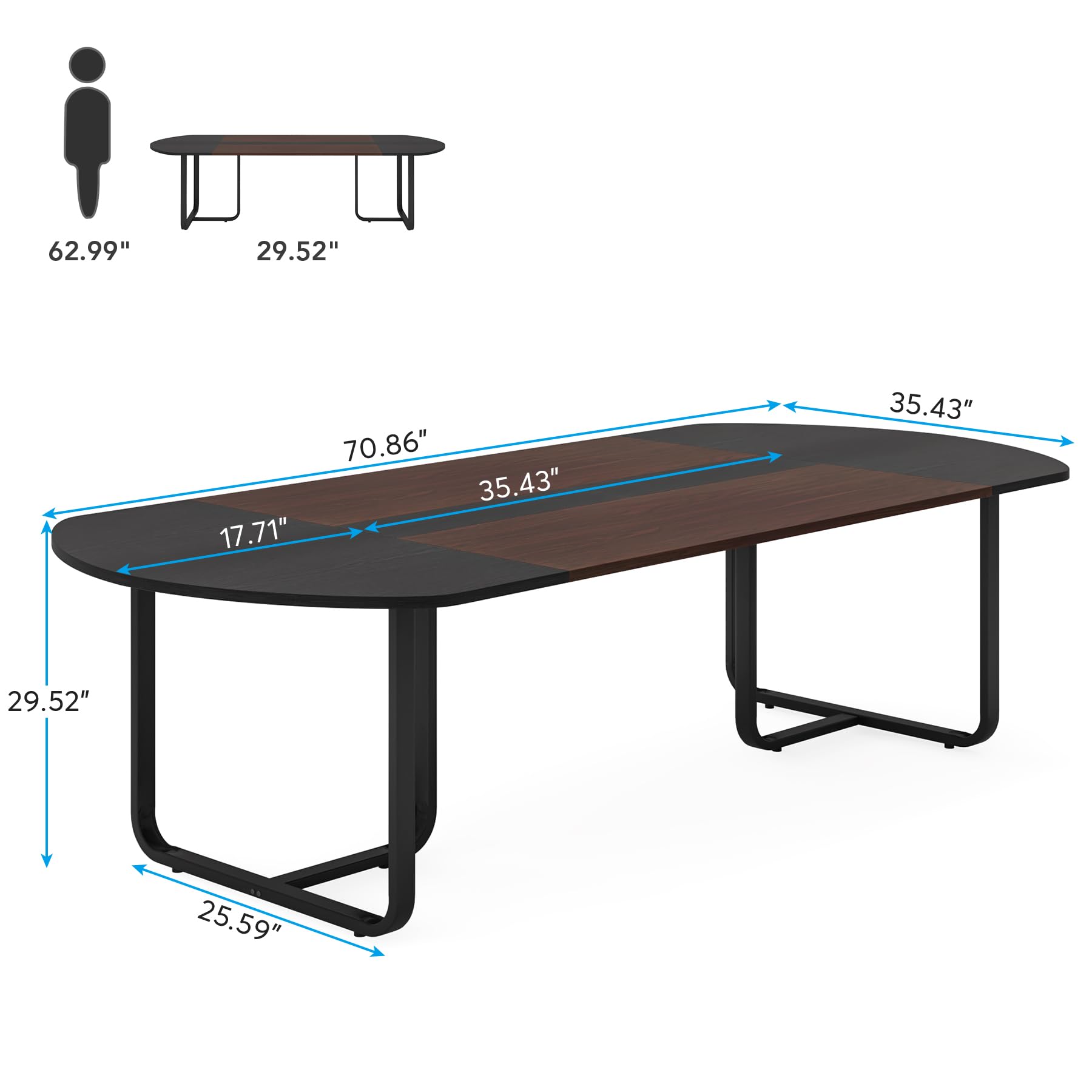 180cm Modern Oval Dining Table with Walnut and Black Finish Splicing Board, Curved Kitchen Tables for 6-8, Large Dining Room Table with Stylish Metal Legs (Walnut+Black)